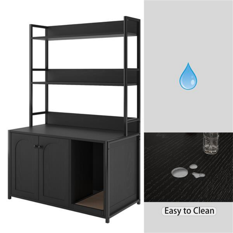 Large Cat Litter Box Enclosure With Shelf Storage, Hidden Cat Washroom Furniture, Wooden Cat House With Scratch Pad, Sturdy Indoor Cat Cabinet With 2 Doors Black — imagen 11