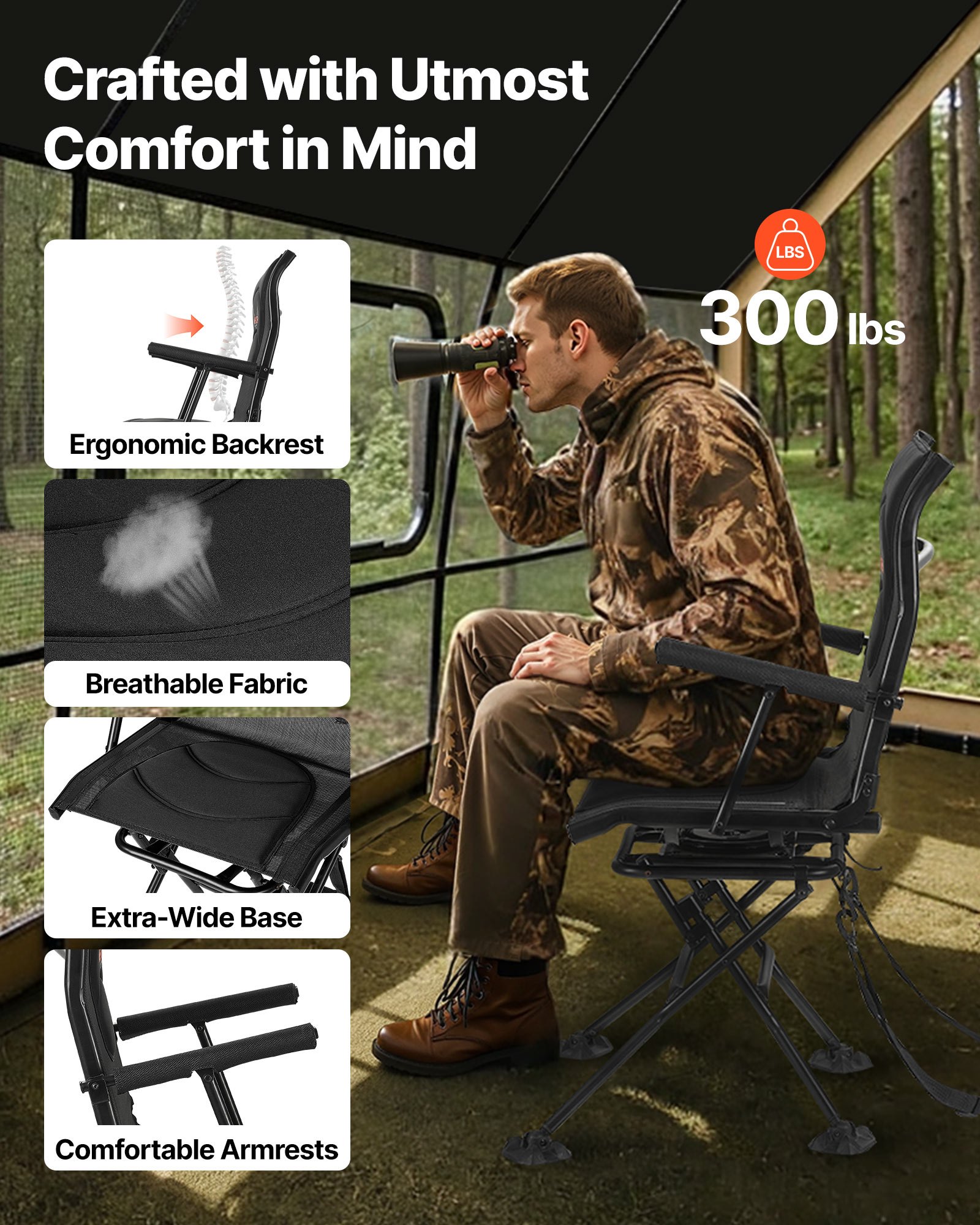 Hunting Chair, 360° Silent Swivel, Foldable Portable Blind Chair, Heavy-Duty Steel Frame Ground Stool Seat, With Armrests, Adjustable Carry Strap, Anti-Sink Feet, 300 Lbs Capacity For Fishing — imagen 4