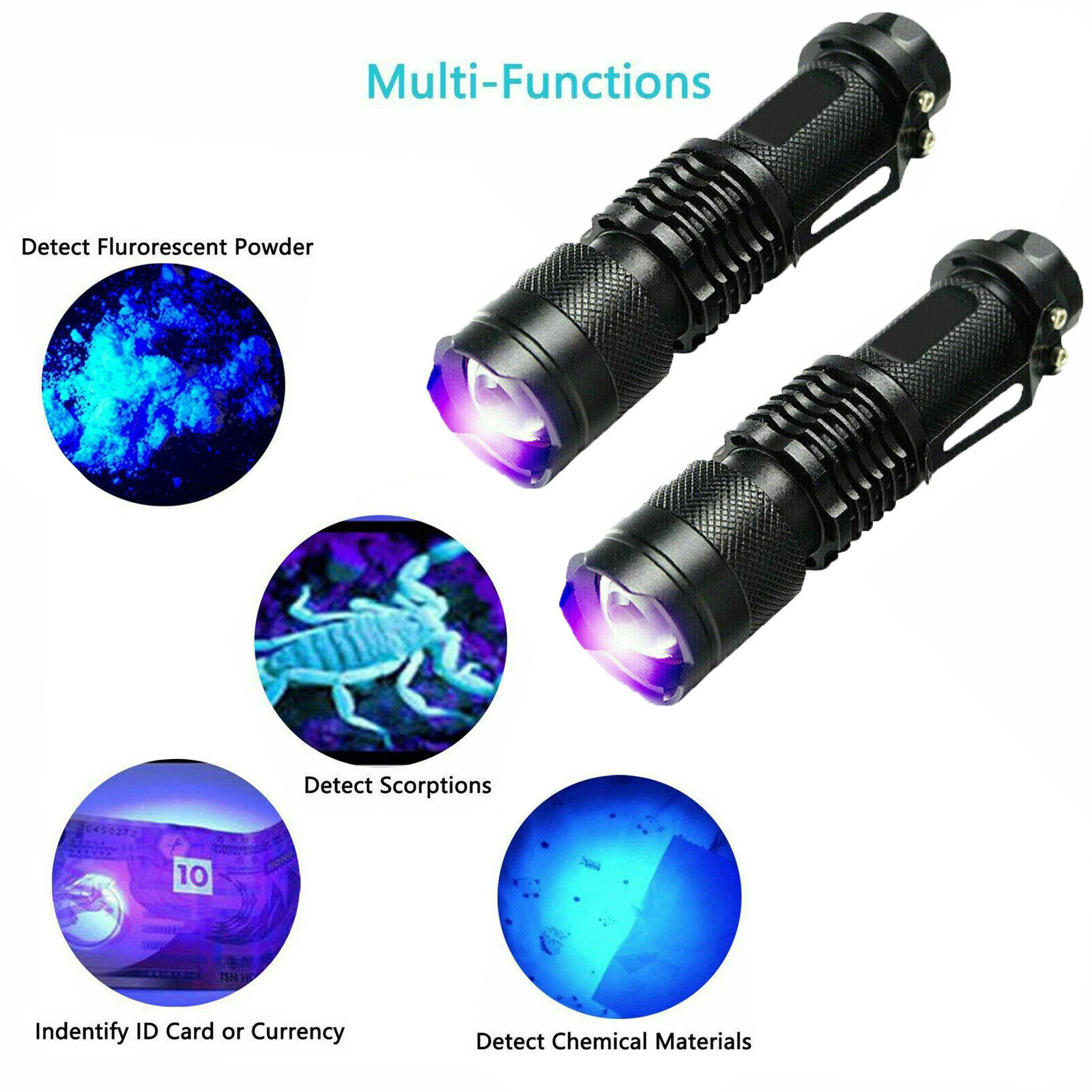 Paquete de 2 Linternas UV LED de Mano, Luz Negra Ultravioleta de 395nm, Mini Lámpara de Inspección Detectora de Manchas de Orina de Mascotas, Chinches y Escorpiones — imagen 3