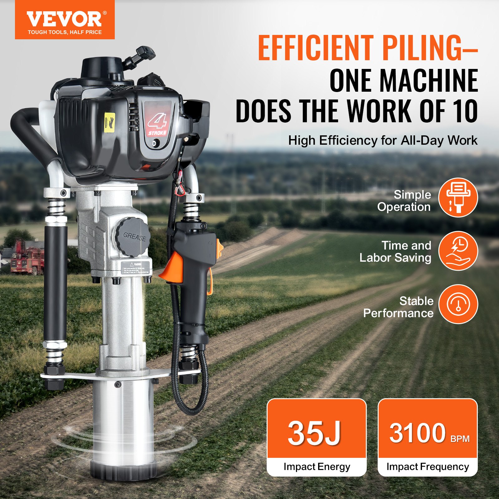 37.77cc Gas-Powered T Post Driver, 4-Stroke Engine Gasoline Fence Piling Pounder, With 3 Post Driving Head(45/55/88 Mm), 1000W Portable Piledriver For Farm, Ranch Fencing, Road Improvements — imagen 4