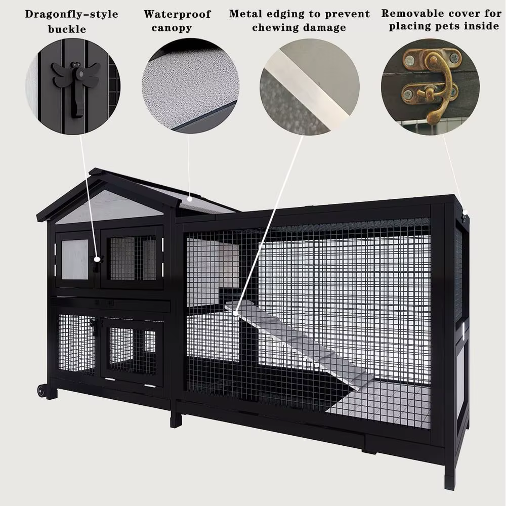 Caja para Conejos 58" Cárcel de Conejos Exterior e Interior Coop de Pollos para Conejos y Guinea Pigs con Ruedas con 3 Rejillas Profundas Sin Derrames Retirables — imagen 3