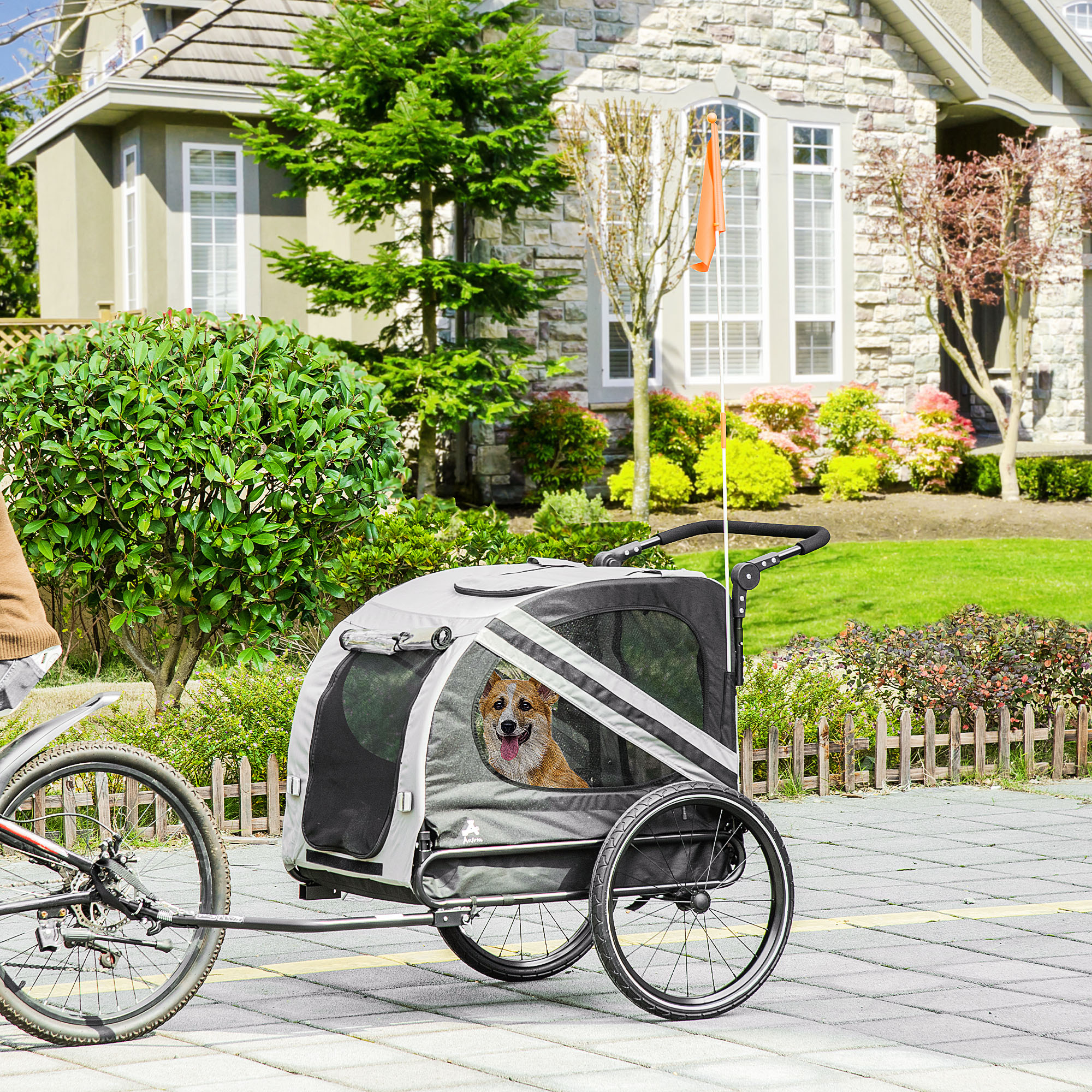 2-in-1 Pet Bike Trailer for Small Medium Dogs, Road-Visibility Dog Stroller Bicycle Carrier, Weather-Strong Bike Wagon Trailer Sidecar Attachment, Gray — image 1