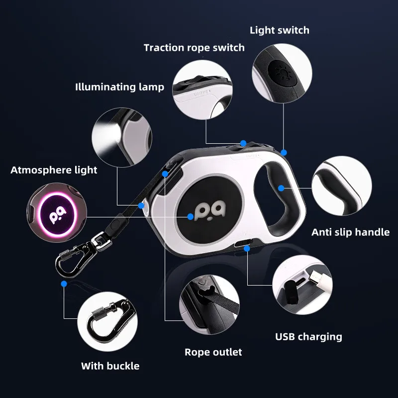 5M Automatic Retractable Dog Leash LED Luminous Leading Light Straps For Small Medium Dog Pet Flexi Walking Running Leashes — image 5