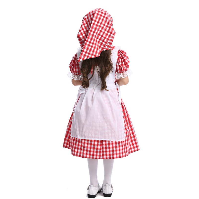 Children Red and White Checkered Cottage Maid Costume Apron and Headscarf Set Farm Theme Stage Performance Costume — image 6