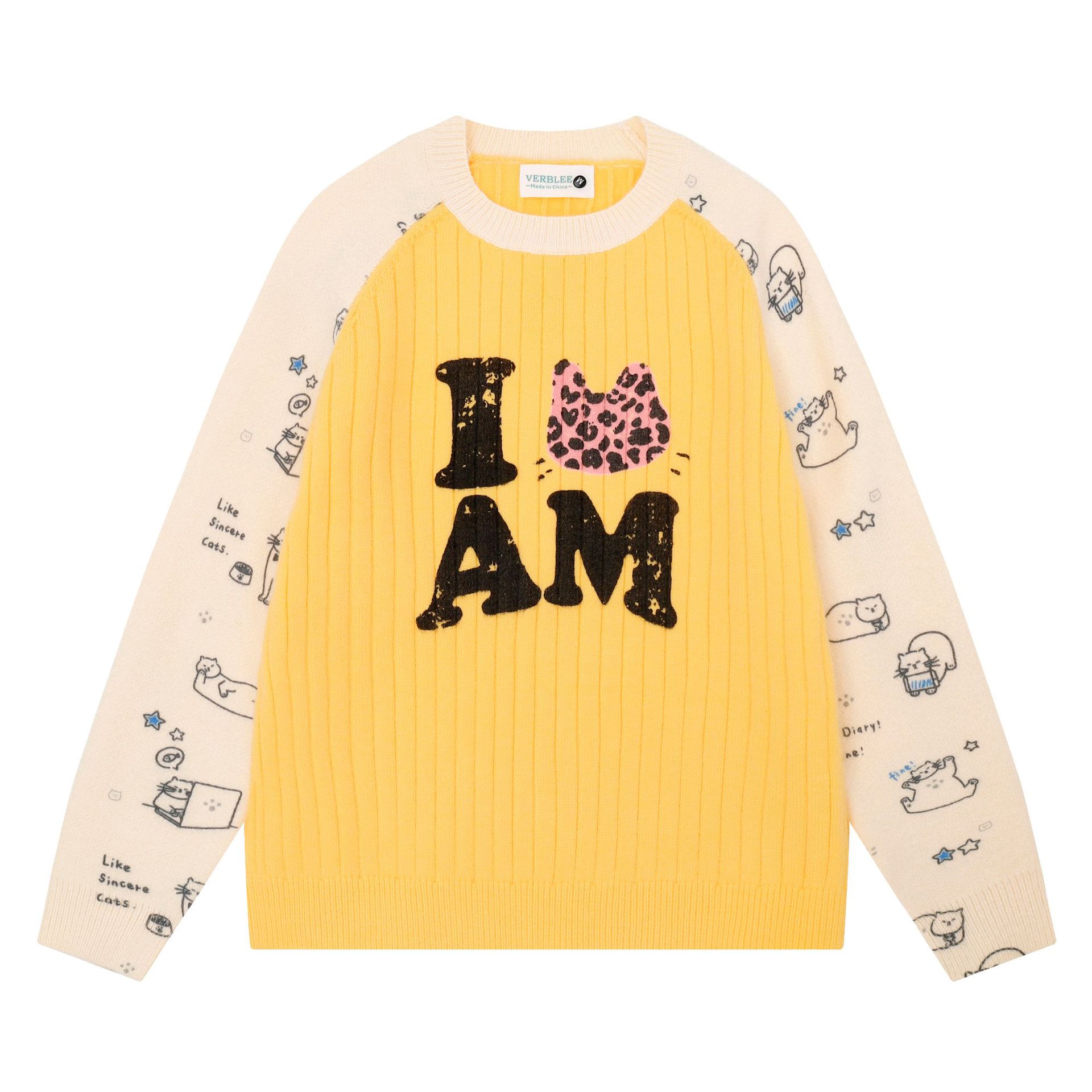 Women's Cartoon Cat Print Color Block Raglan Sleeve Round Neck Loose Knit Sweater — image 3