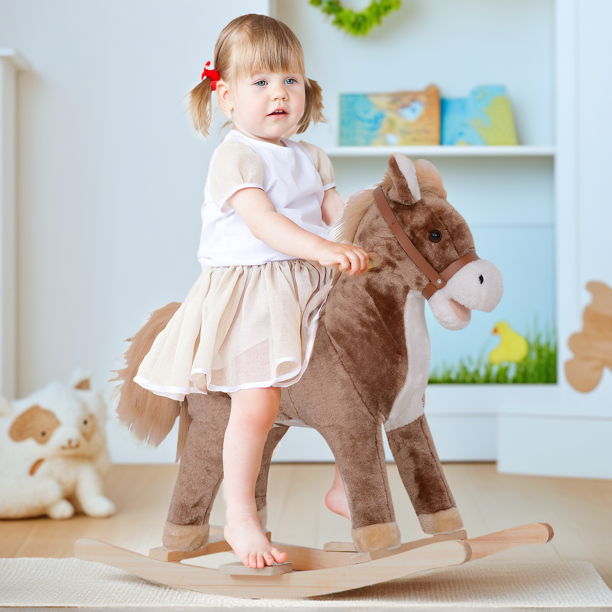 Kids Rocking Horse with Soft Plush Body, Wooden Base & Handle Grip for Years 3+ — image 1