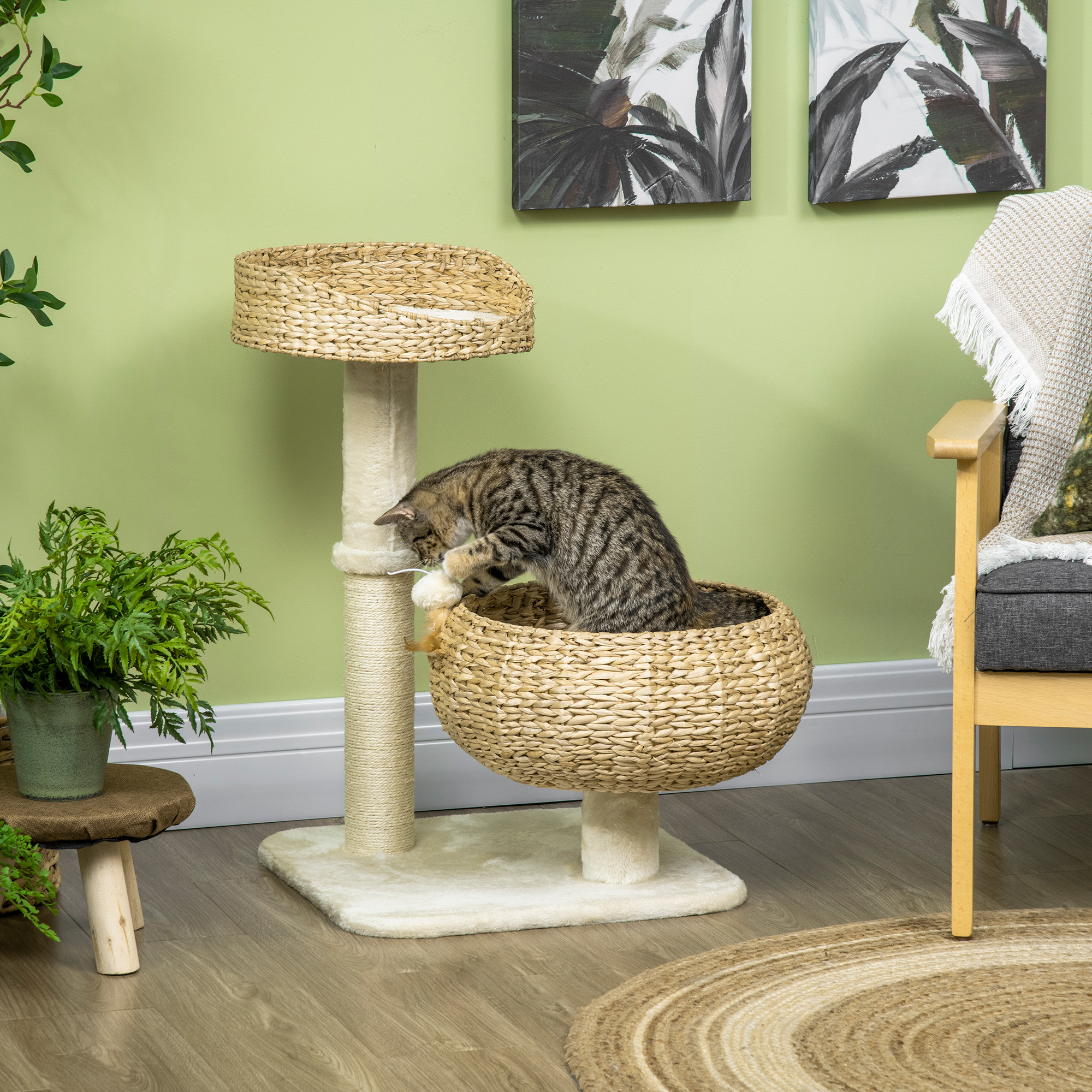 28" Elevated Cat Bed with Sisal Scratching Post for Indoor Kitties, Modern Cat Tree with Cute Basket Design, Small Cat Tree with Fun Ball Toy — image 1