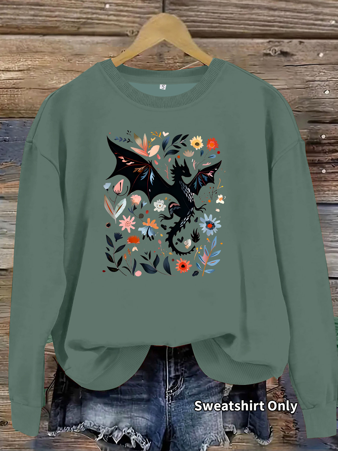 Dragon pattern and floral print round neck fleece hoodie — image 9