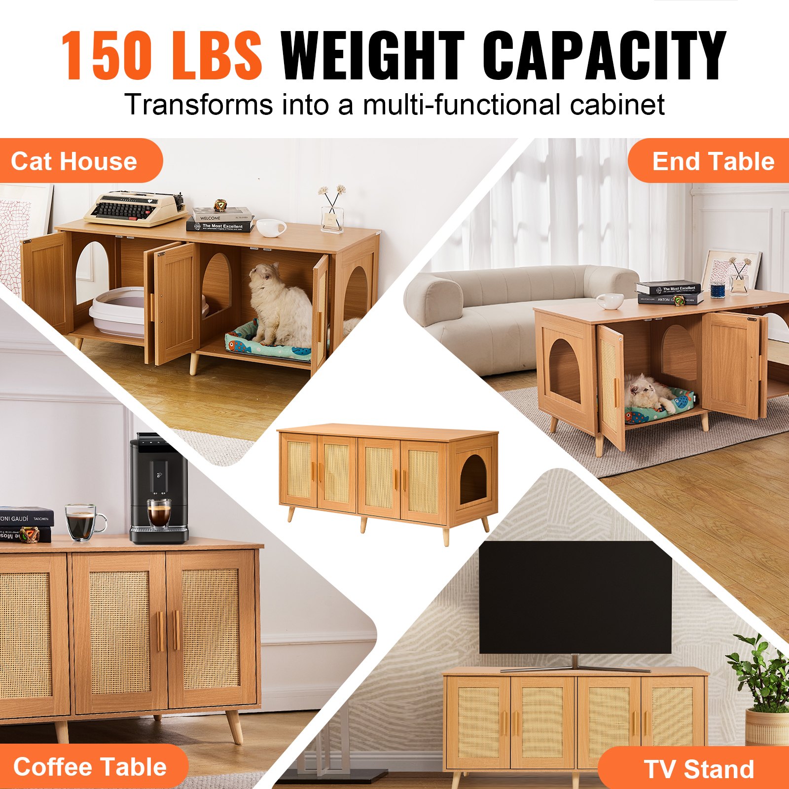 Caja de Lecho para Gatos con Encierro, Decoración de Puertas de Rattán Natural, Armario de Madera para Lugar de Lecho Oculto, 47.2"L x 19.7"A x 21.7"H — imagen 3