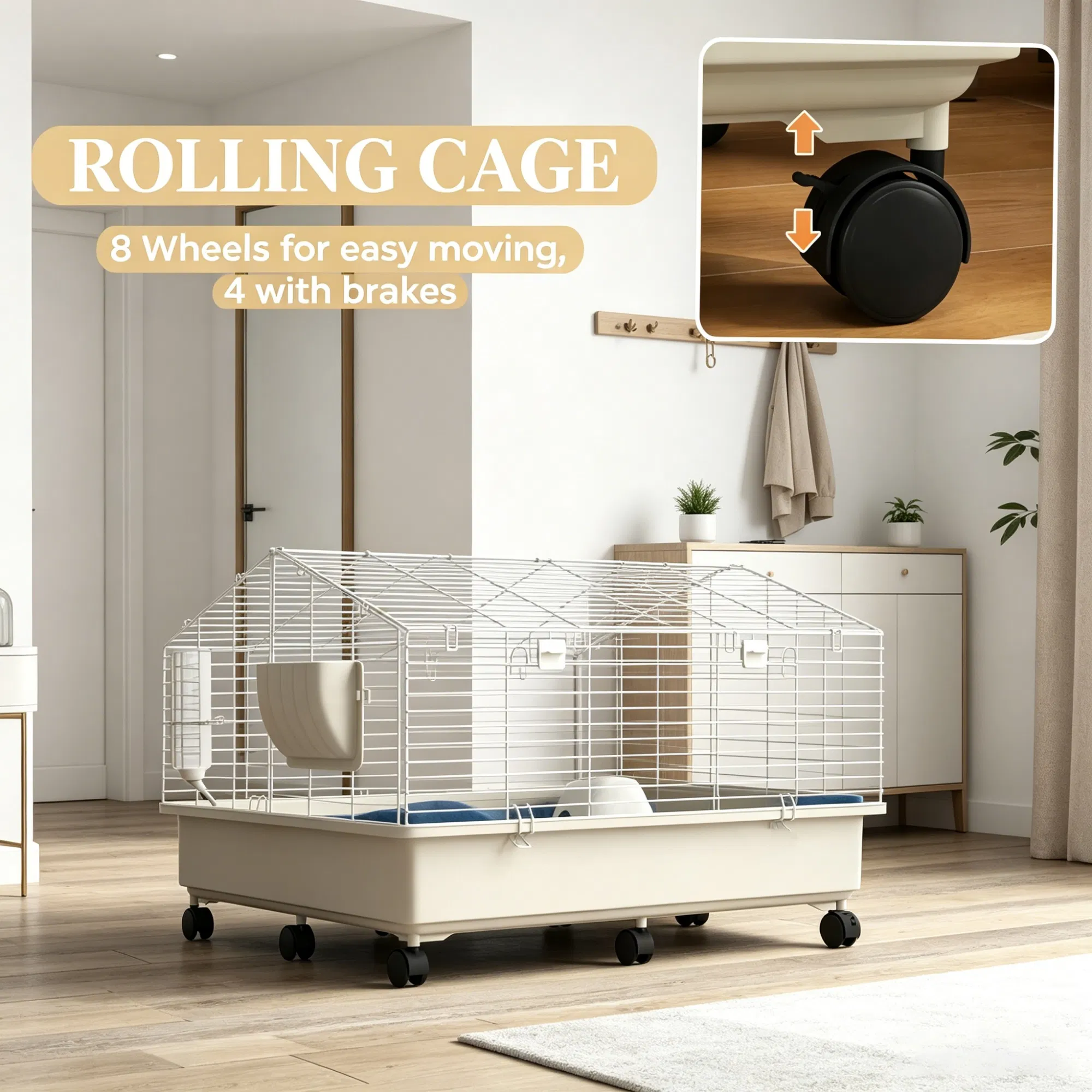 35"35"25" Rolling Small Animal Cage with Water Bottle Hay Feeder Food Dish for Rabbits Hedgehogs Guinea Pigs — image 6