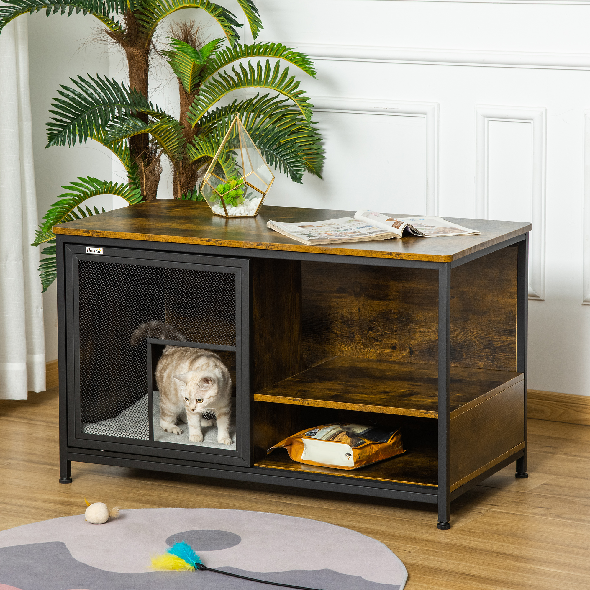 Wooden Cat Crate, Furniture Style Dog Cage, Puppy Kennel Indoor, End Table Pet House with Cushion and Sliding Doors, Rustic Brown — image 1