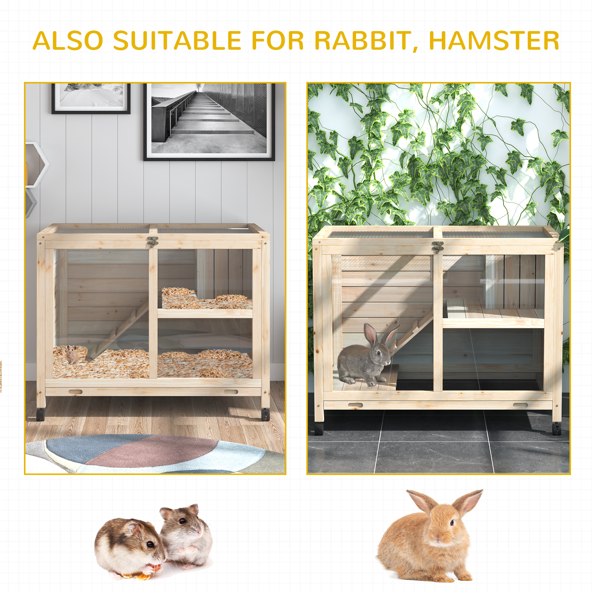 Caja para Conejos con Ruedas, Escritorio y Mesa Lateral, Cárcel de Madera para Conejos, Acabado Impermeable con Plato Removible, Techo Abordable, para Conejos, Pollos, Patos, Interior/Exterior, Natural — imagen 3