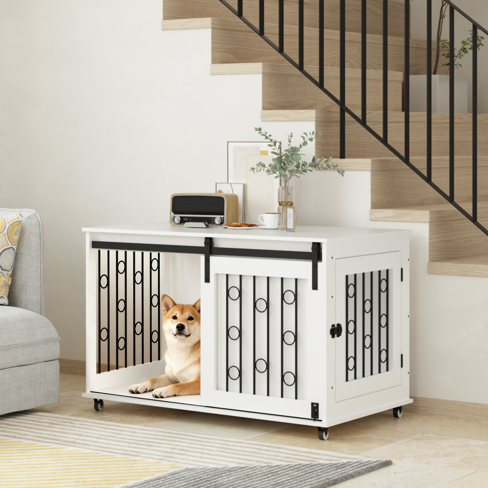 39.37 Modern Wooden Dog Crate Furniture With Sliding Barn Door And Side Door, Indoor Dog Kennel End Table For Small To Medium Dogs, Decorative Pet Crate With Metal Bars And Lockable Wheels White — image 3