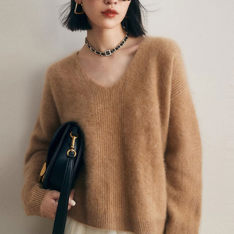 Women's Faux Mink V-Neck Long Sleeve Pullover Sweater Loose Knit Top — image 8