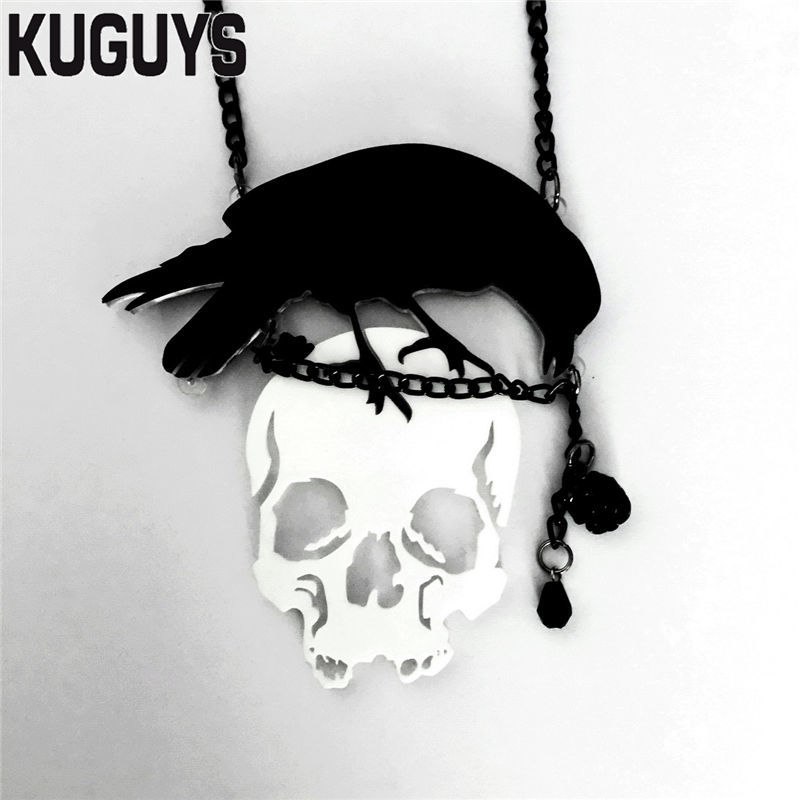 Joyas de Acetato de Moda para Mujer Negra con Cuervo y Calavera Blanca Pendiente Grande Cadena de Enlace Hip-Hop Rock — imagen 6