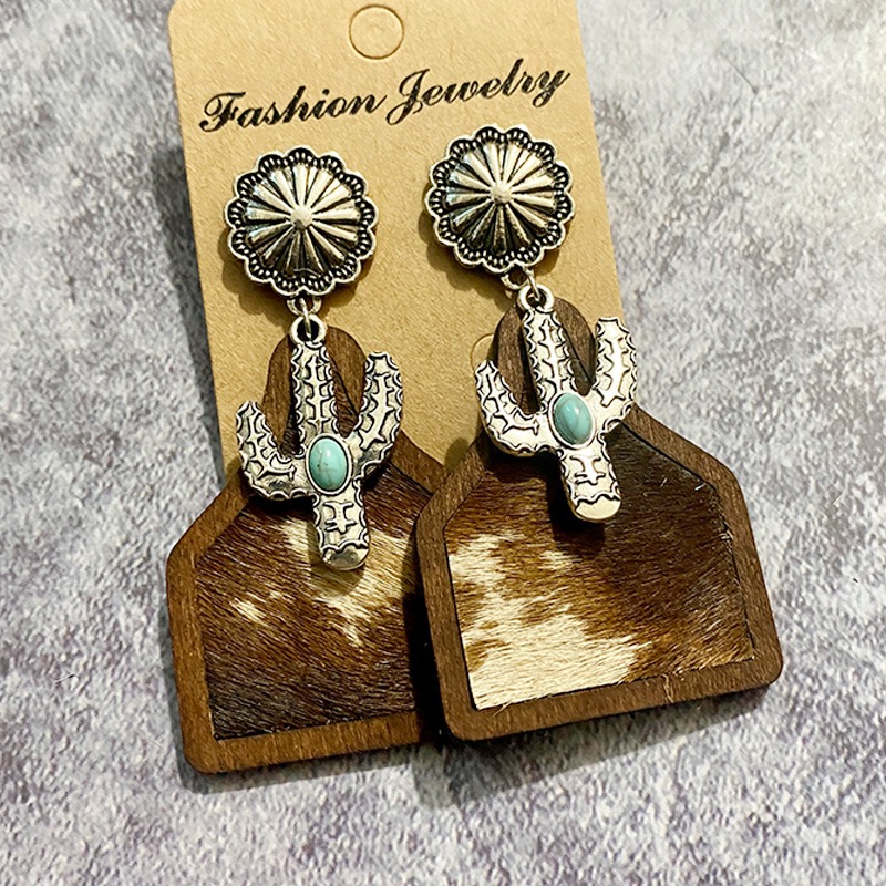 Vintage Western Earrings Bohemian Genuine Leather Cowhide Horse Hair Cow Brand Fashion Panel Earrings — image 13