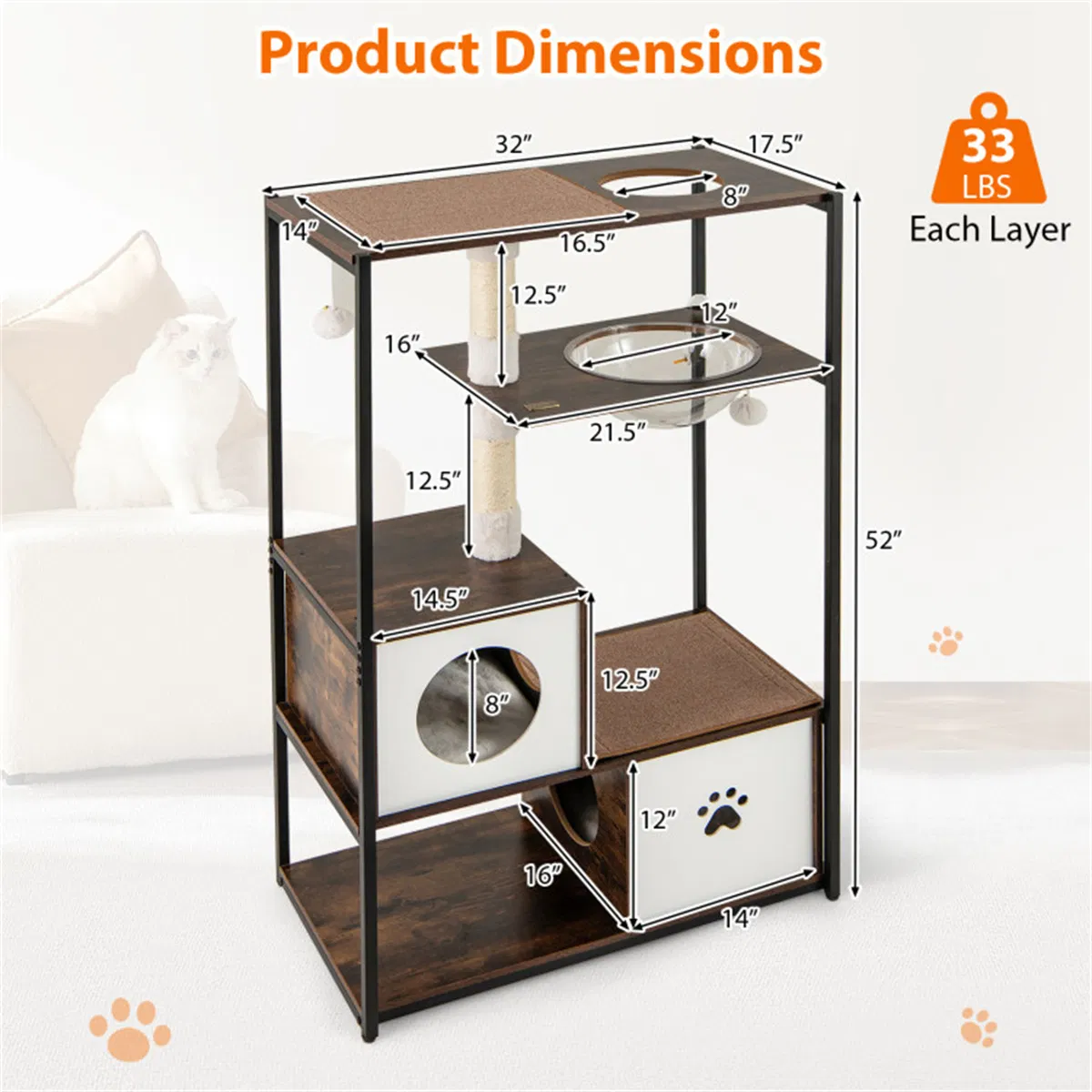 Stylish Wood-Metal Cat Tree - 33 lbs Per Layer Capacity, 2 Private Condos + 2 Relaxation Platforms, Complements Room Decor — image 10