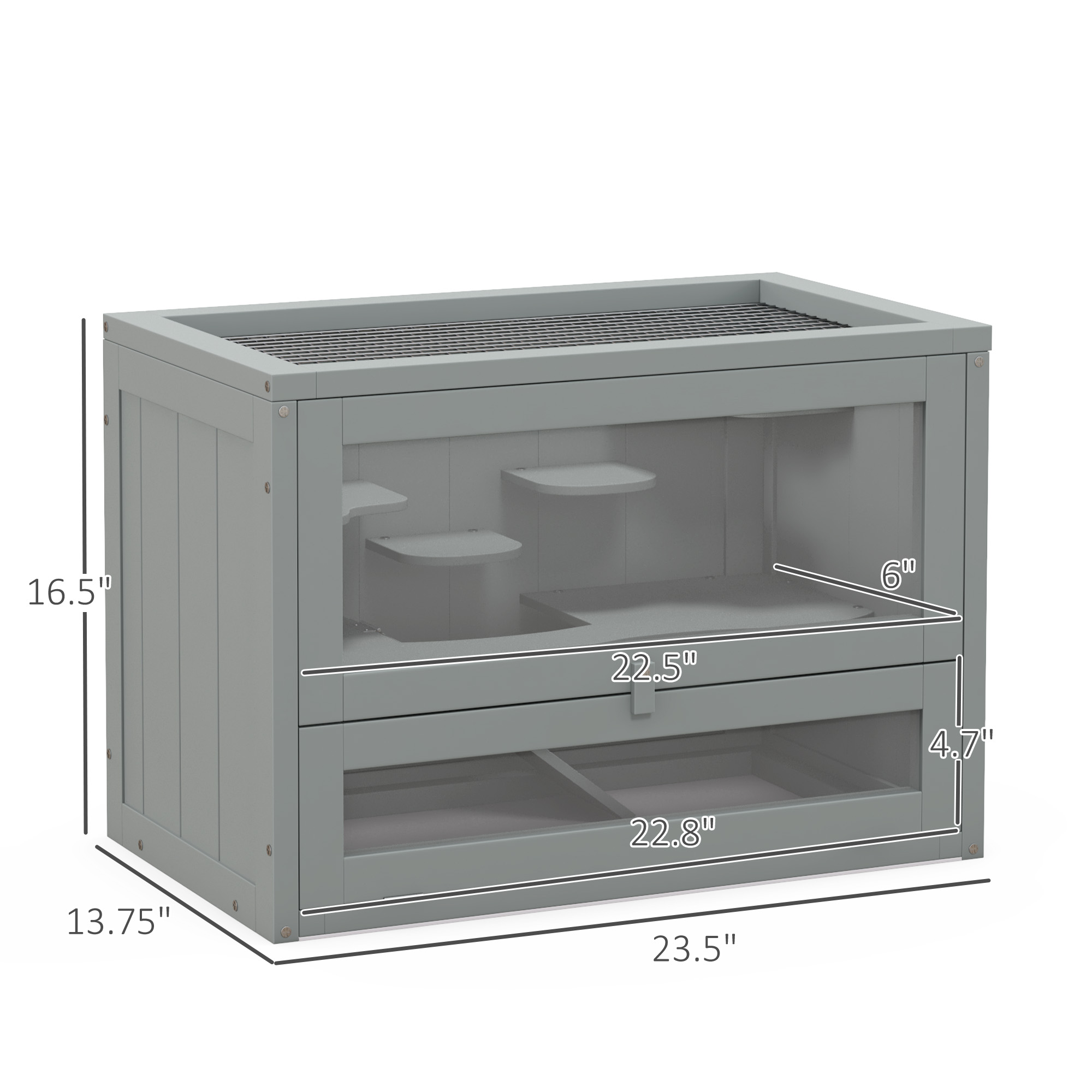 Jaula para Hámster de 2 Niveles con Techo Abatible, Puerta, Estante, Escalera, Gris — imagen 8