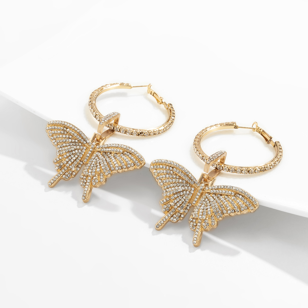 Retro full diamond butterfly exaggerated earrings women French rhinestone ring metal fashion earrings — image 4