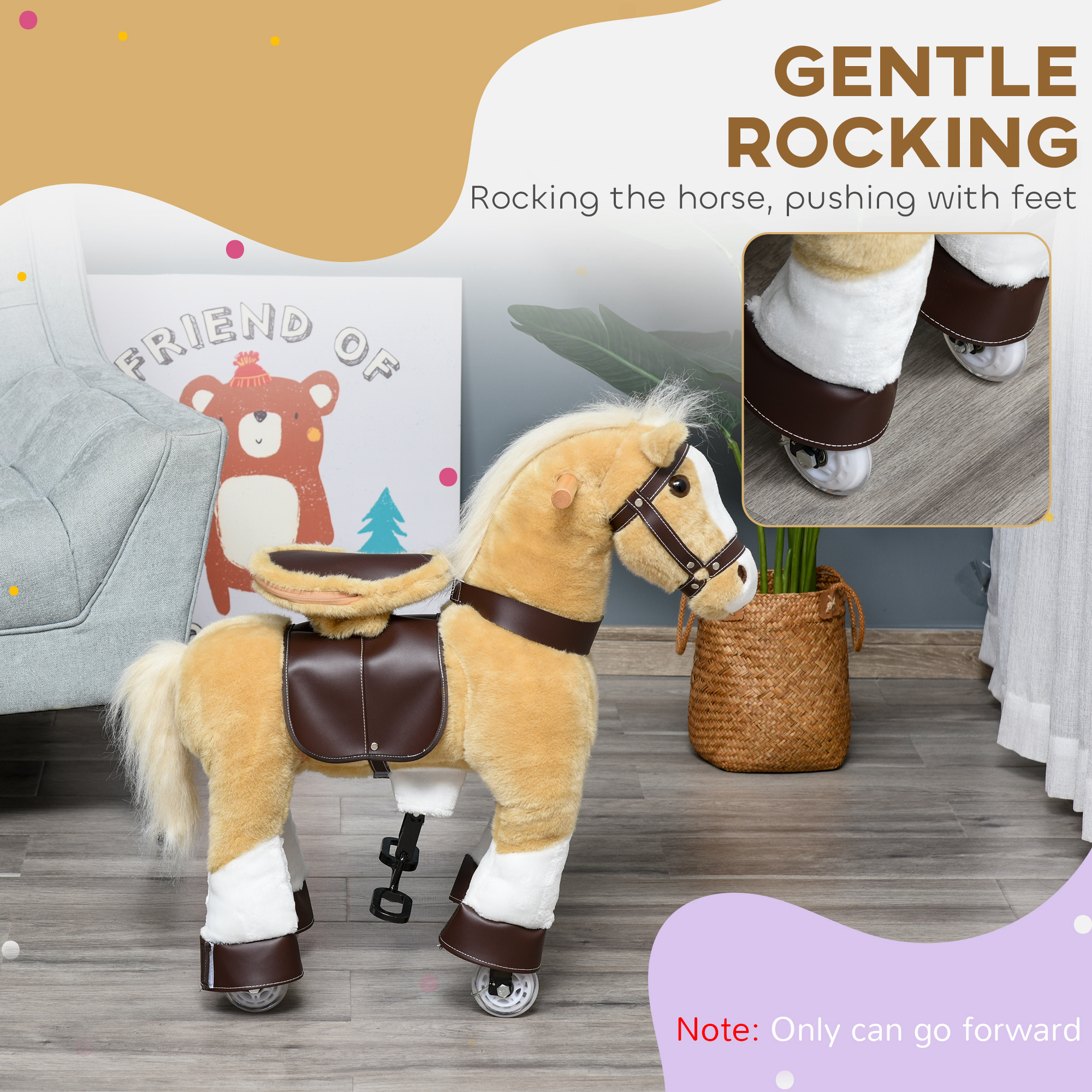Caballo de Montar Plush, Caballo Andador para Niños con Ruedas, Edad 3-8 Años, Marrón Claro — imagen 6