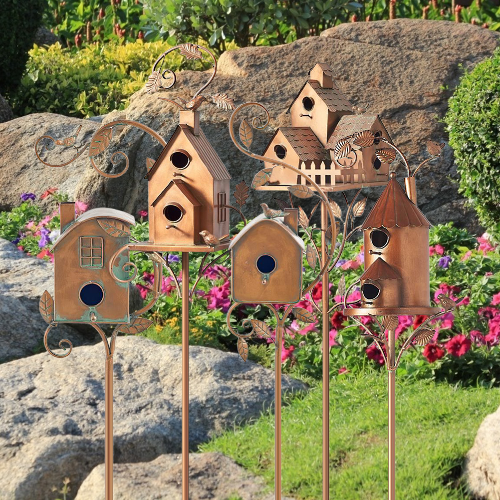 Casa de Pájaros en Metal con Palo Casa de Artista de Metal Cabaña para Colibrí Decoración de Jardín — imagen 2