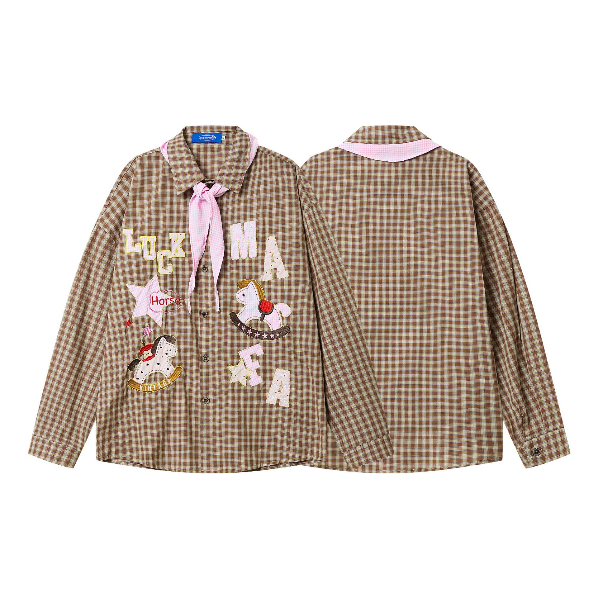 Long Sleeve Shirt Unisex Collar Scarf Tie Patchwork Embroidery Horse Motif Oversized Top — image 5