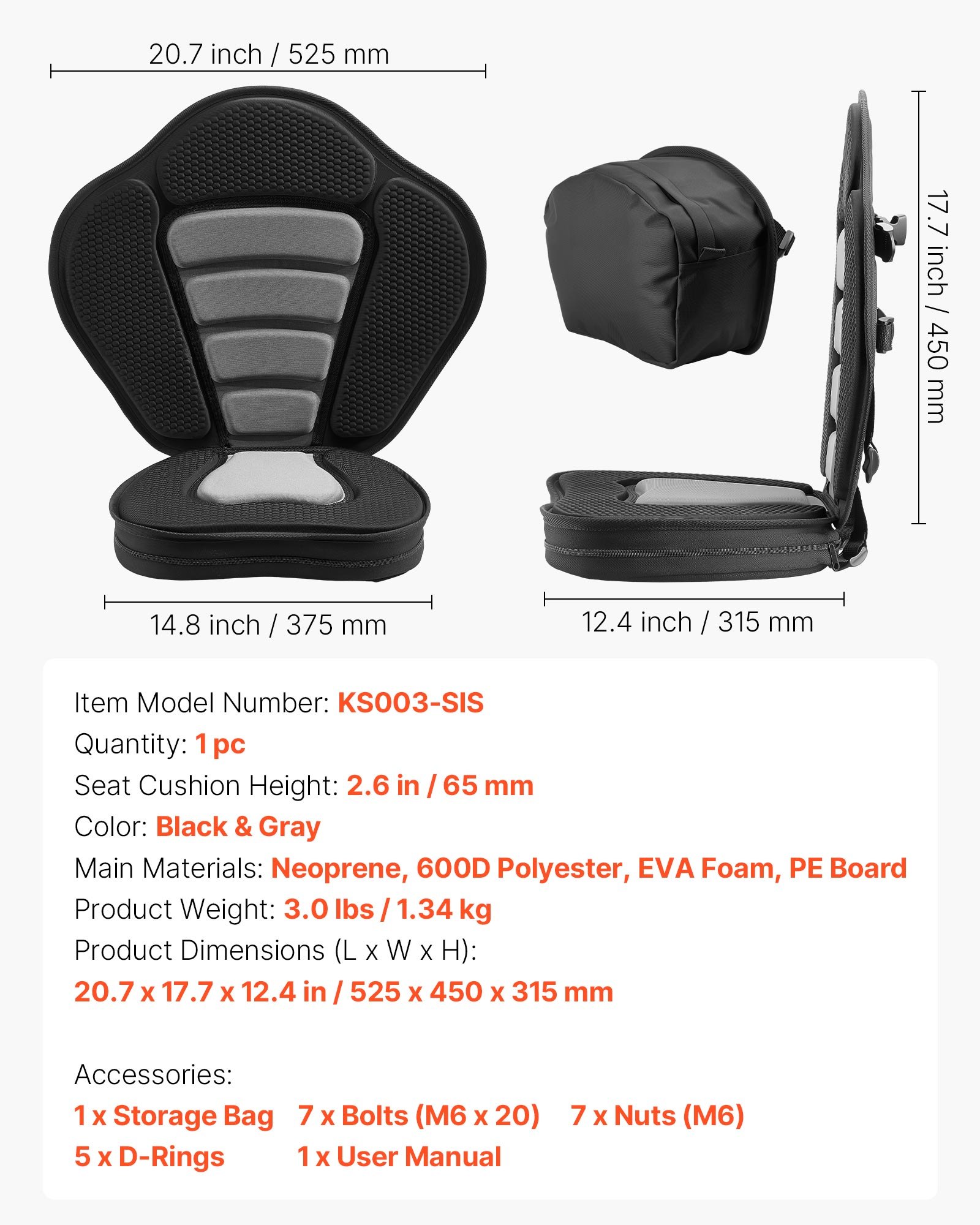 Kayak Seat, 1 Pack 2.6" Thick, Universal Paddle Board Seat With Back Support, Sit-on-Top Soft Padded Cushion With Storage Bag & Adjustable Straps For SUP, Canoe, Fishing Boat, Inflatable Kayak — imagen 1