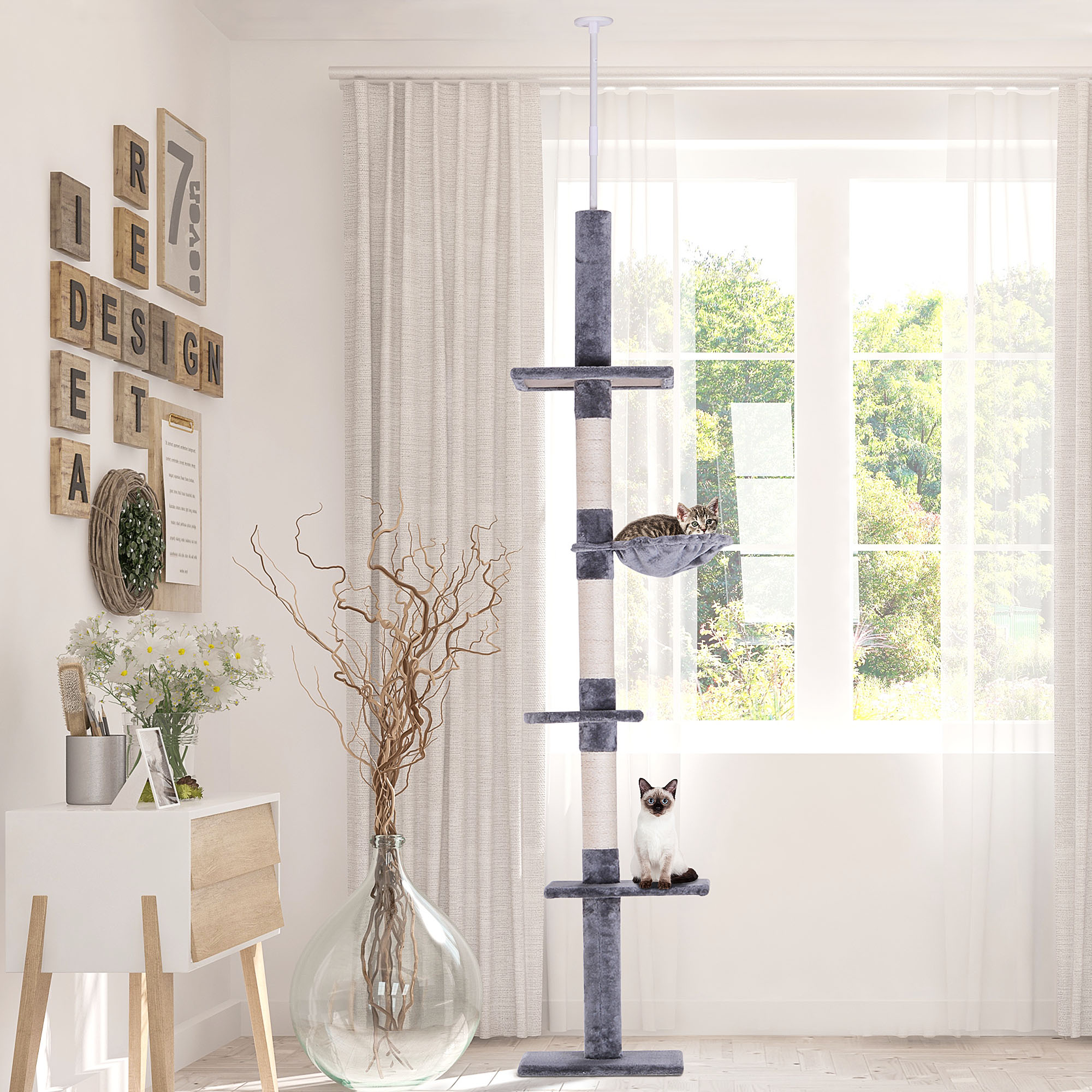Árbol de Gato de 102" con Altura Ajustable, 5 Niveles con Postes para Rasgar y Hamaca, Gris — imagen 6