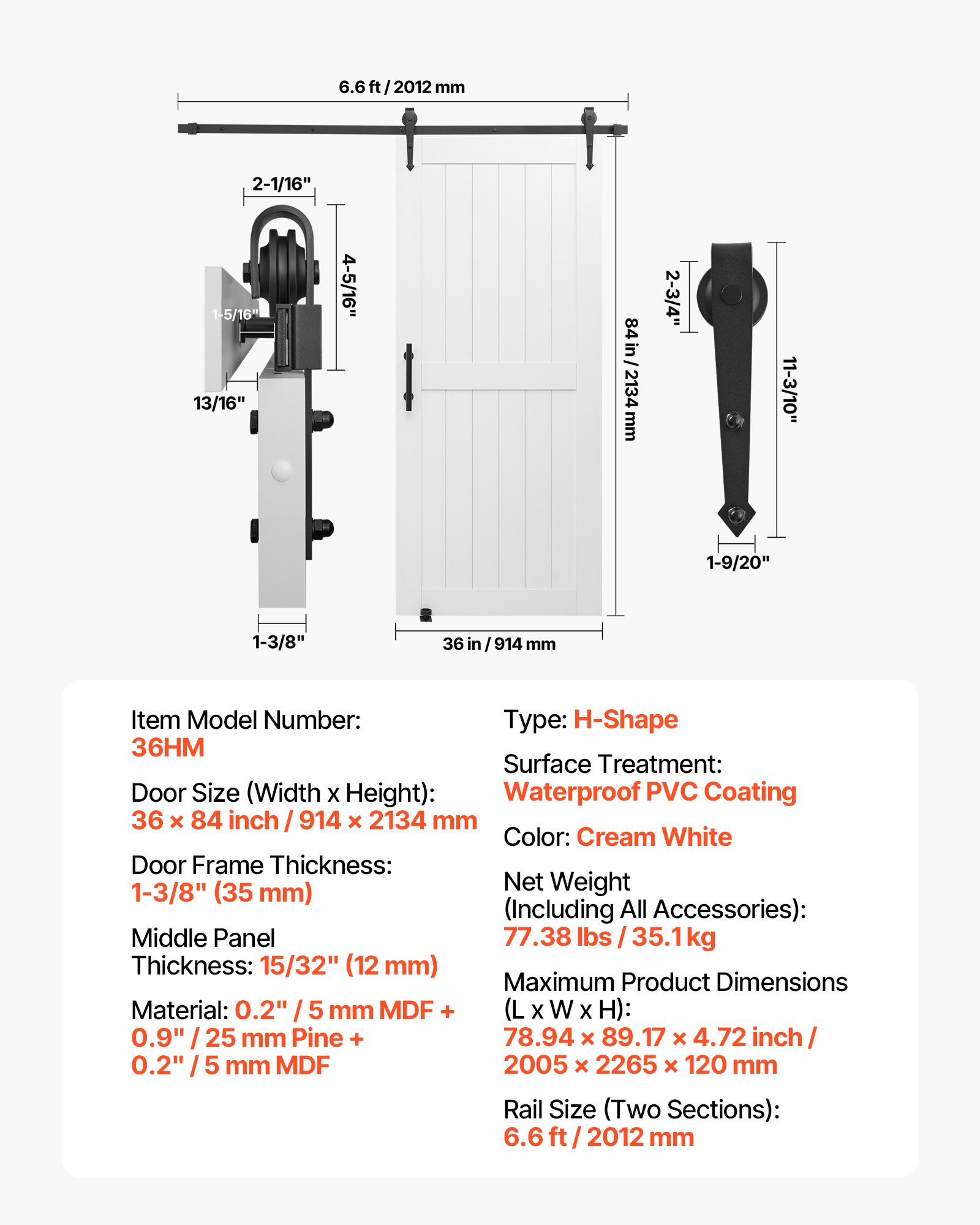 Sliding Barn Door, 36 X 84 Inch, High-Strength MDF Panel, Barn Door With Hardware Kit, Water-Proof PVC Surface, Easy To Install, H-Frame, Smoothly And Quietly Sliding For Living Room, Bathroom — imagen 1