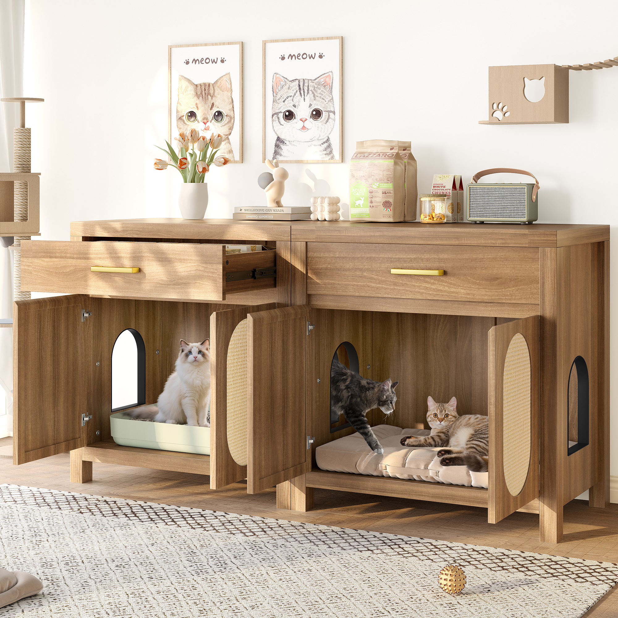 Cat Litter Box Enclosure, Hidden Cat Litter Box Furniture With Scratching Board Doors And Storage Drawer, Wooden Washroom Cat House Table Nightstand Box Cabinet, Espresso — image 3