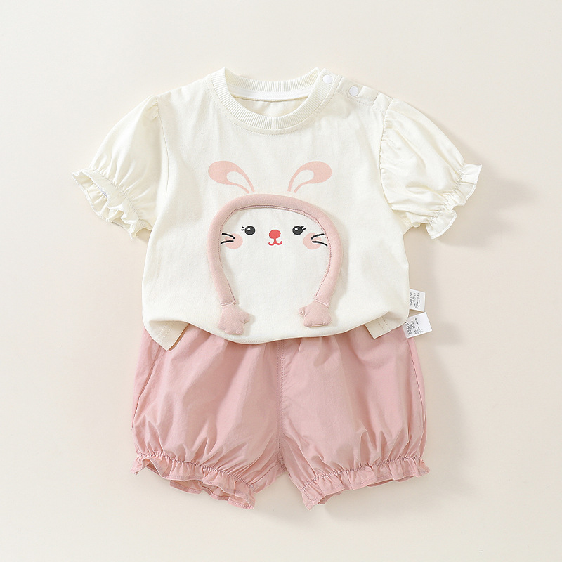 Cute Rabbit Cartoon Short Sleeve Two-Piece Set for Toddlers — image 2