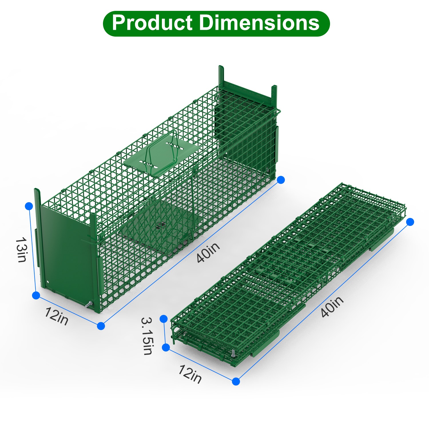 Live Animal Cage Trap For Animals Humane Galvanized Iron Trap Cage For Raccoons Armadillos Foxes Opossums Muskrats Beavers 26in 32in 40in Size Options Green — image 12