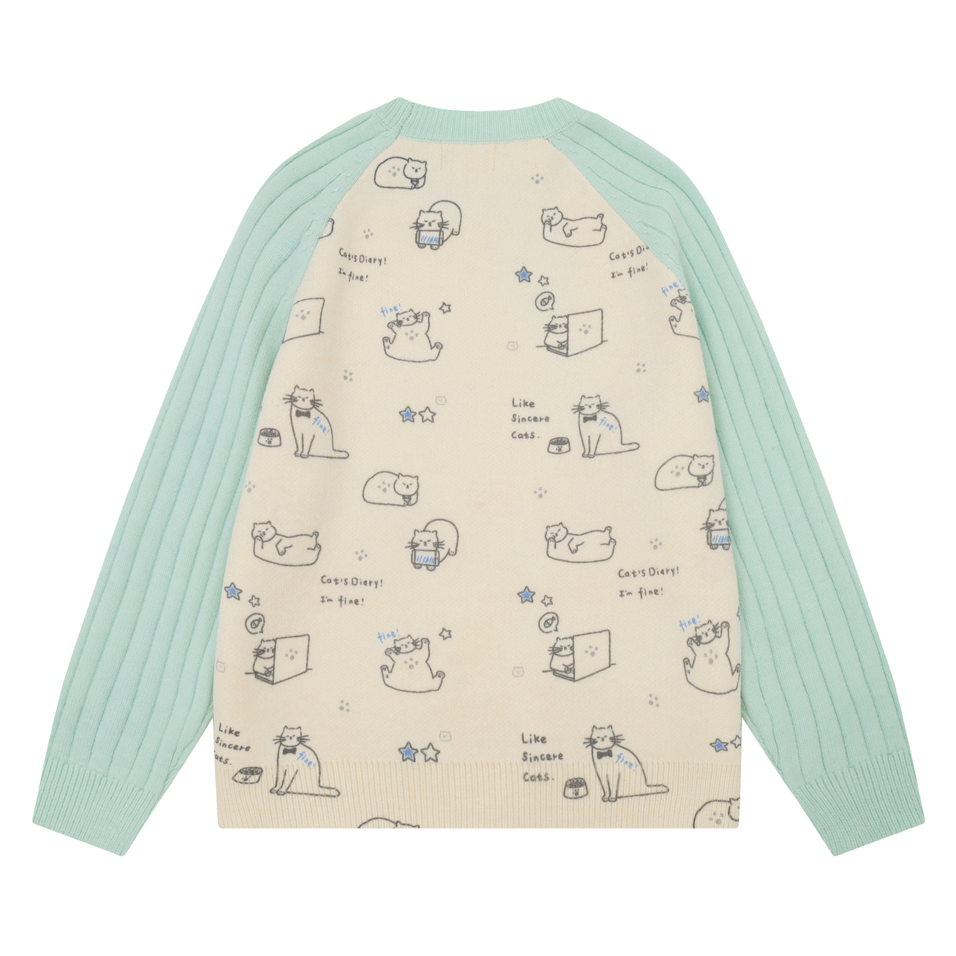 Loose Lazy Fit Cat Print Color-Block Lettering Raglan Sleeve Round Neck Pullover Sweater — image 3