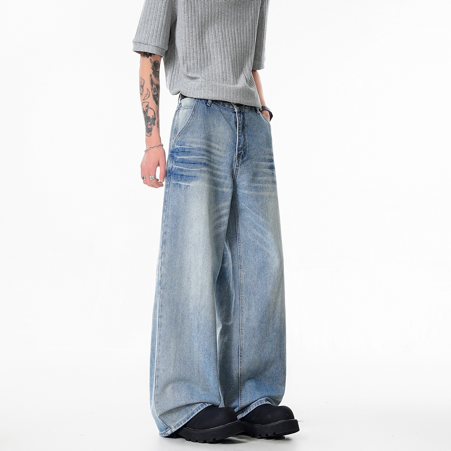 Relaxed Fit Cat-Whisker Washed Wide-Leg Jeans for Men — image 5