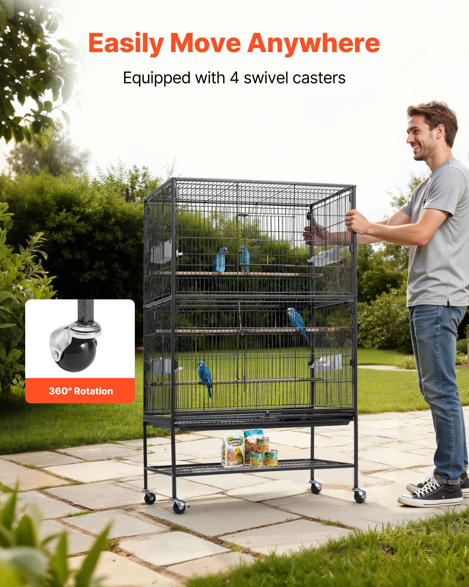 Bird Cage, 31.5 X 20.5 X 52 Inch, Flat Top, Wrought Iron Bird Flight Cage With Perches, Slide-Out Tray And Plastic Feeders, Casters, For Parrot, Blue Tit, Cockatiel, Canary, And Monk Parakeet — imagen 5