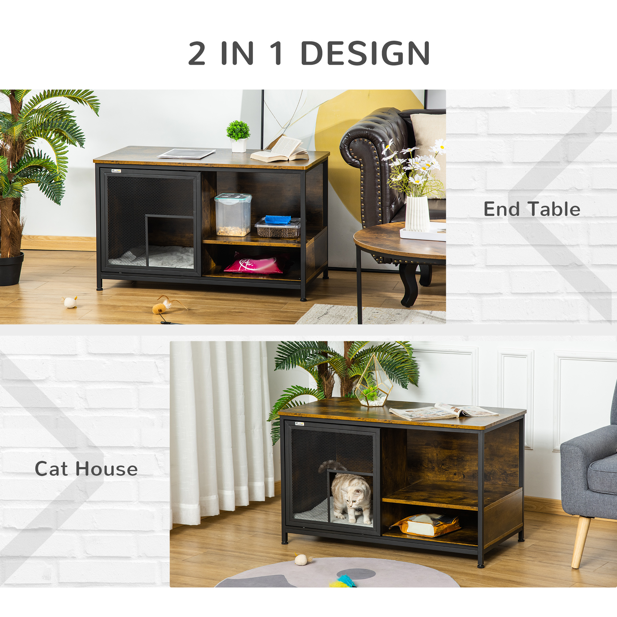 Wooden Cat Crate, Furniture Style Dog Cage, Puppy Kennel Indoor, End Table Pet House with Cushion and Sliding Doors, Rustic Brown — image 3
