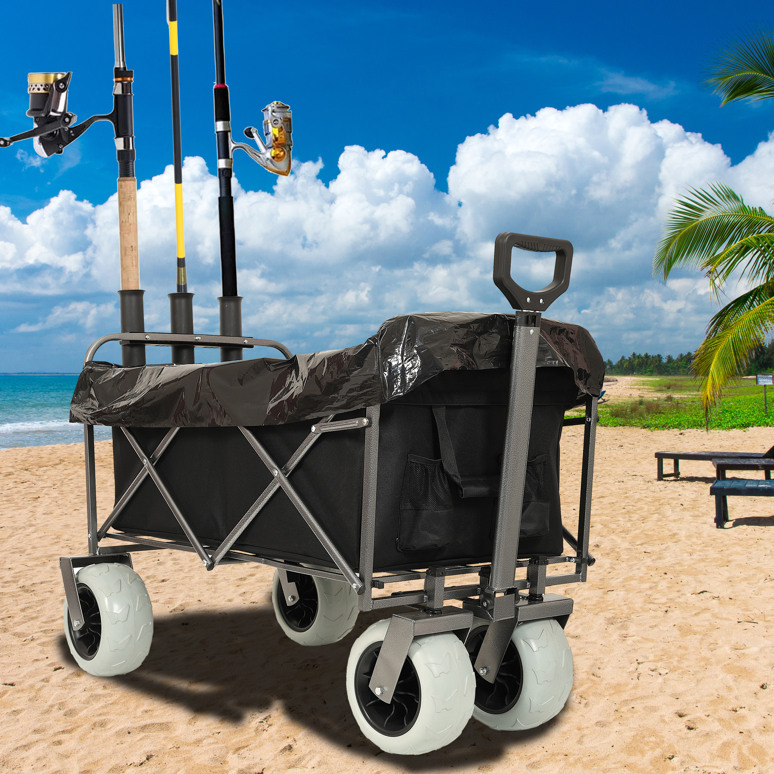 Carro de Pesca con Soportes para Cañas, Wagon de Playa con Ruedas Grandes para Arena 500lb Capacidad - Carro Útil de Acero Todo Terreno con 9 Neumáticos y Bolsa Multifuncional Negro — imagen 5