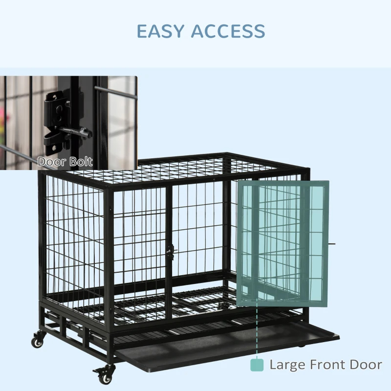 PawHut Heavy Duty Dog Crate With Removable Tray, Lockable Wheels And Double Door, For Medium And Large Dogs, Black — imagen 9
