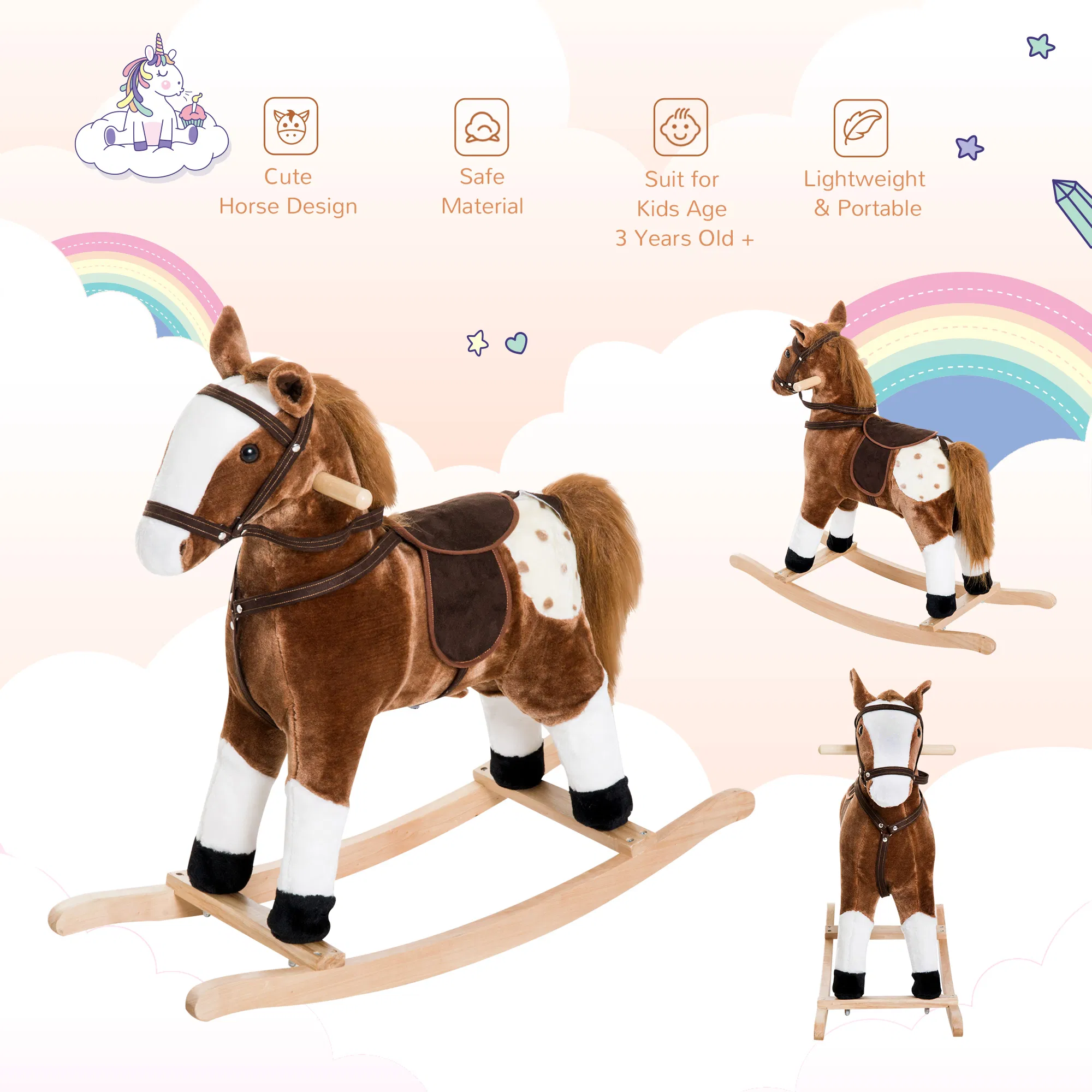Baby Rocking Horse, Children Plush Animal Rocker, Kid Ride on Toy with Realistic Sound, Handle Grip, Brown — image 2