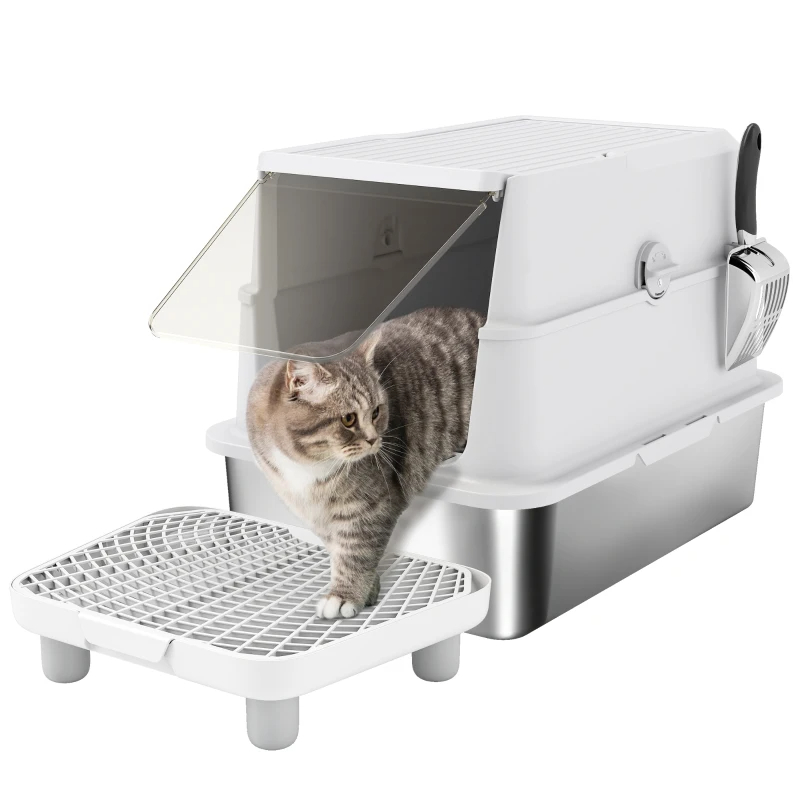 Larga Estantería de Limpieza de Box de Arena para Gatos Grandes con Cubierta Giratoria, Encierro Alto y Cuchara — imagen 10
