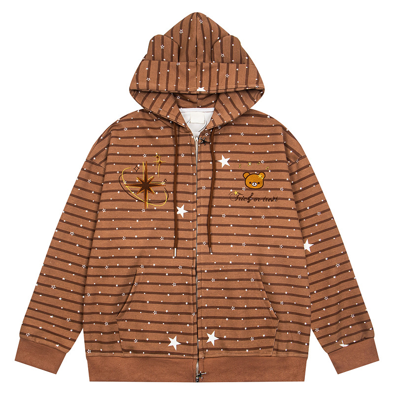 Striped star teddy bear loose shoulder zipper sweatshirt jacket — image 3
