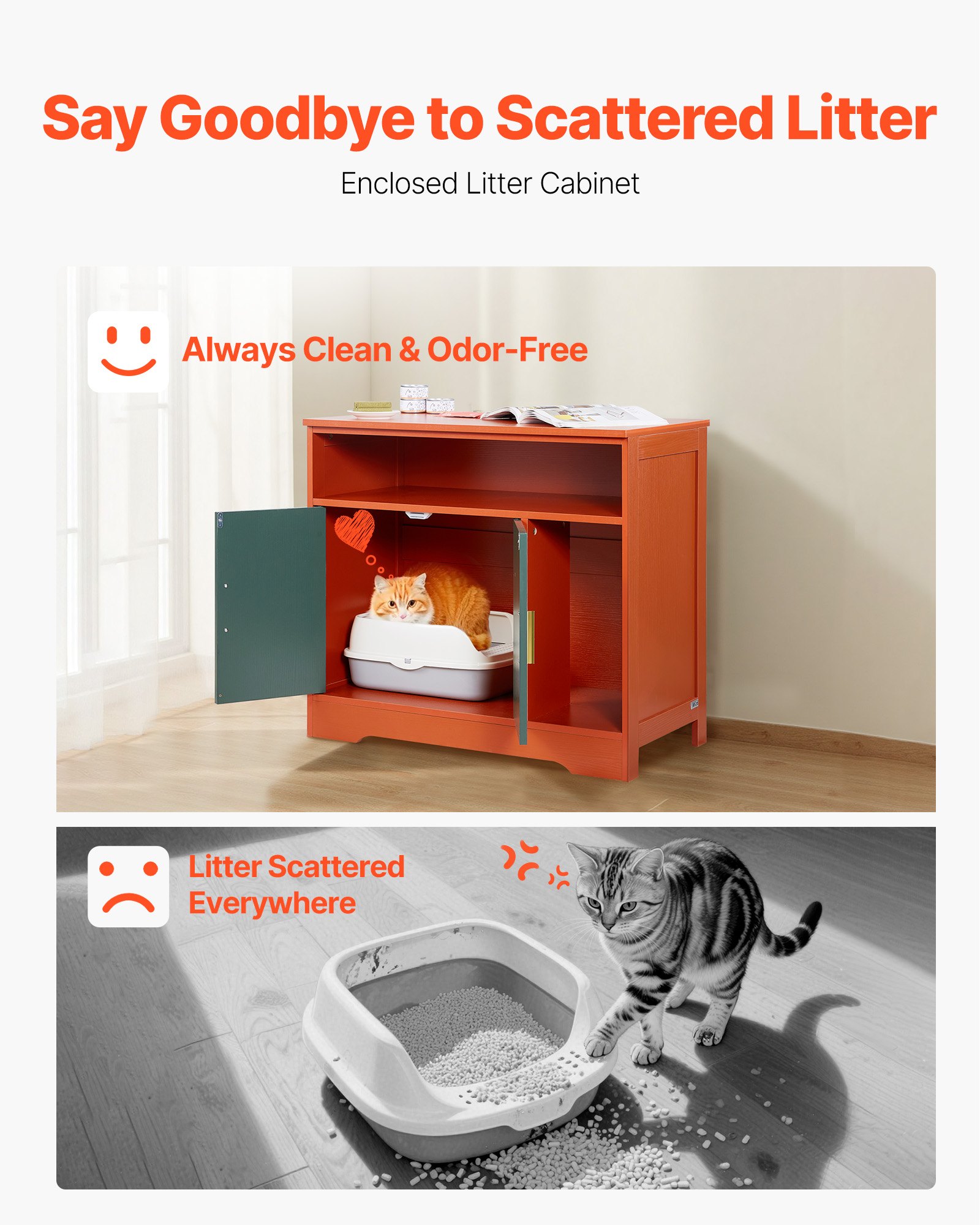 Cat Litter Box Enclosure, 31 In Hidden Litter Box Cabinet With Shelf & Storage, Modern Style Indoor Cat Washroom, Wooden Kitty House Furniture End Table, Fit Most Litterboxes, Red & Green — image 4