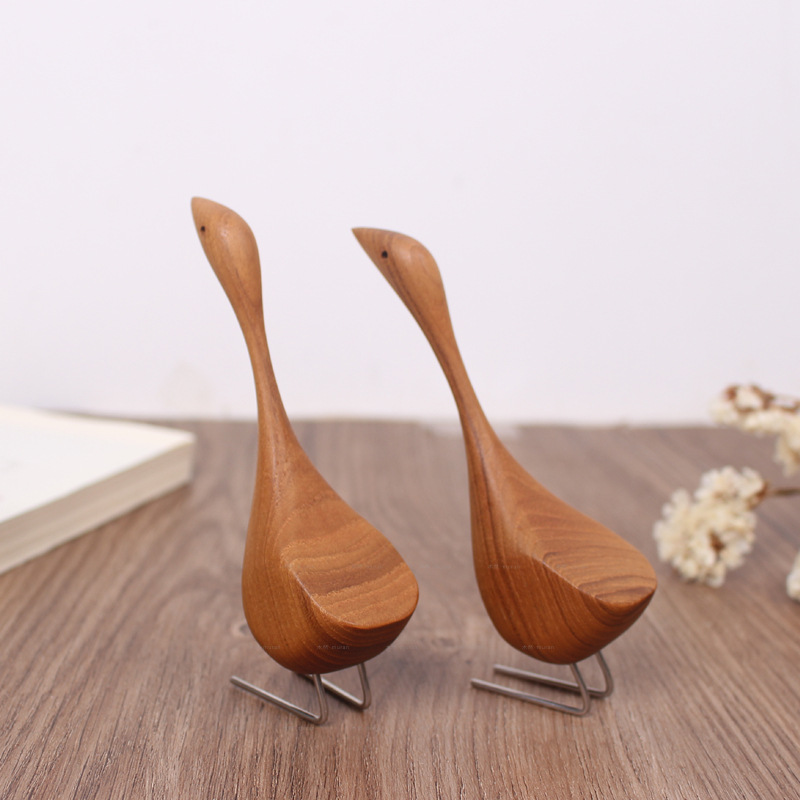 Swan Wooden Figurine Creative Desktop Home Decor Wood Carved Goose Craft Carving Nordic Figurine — image 4