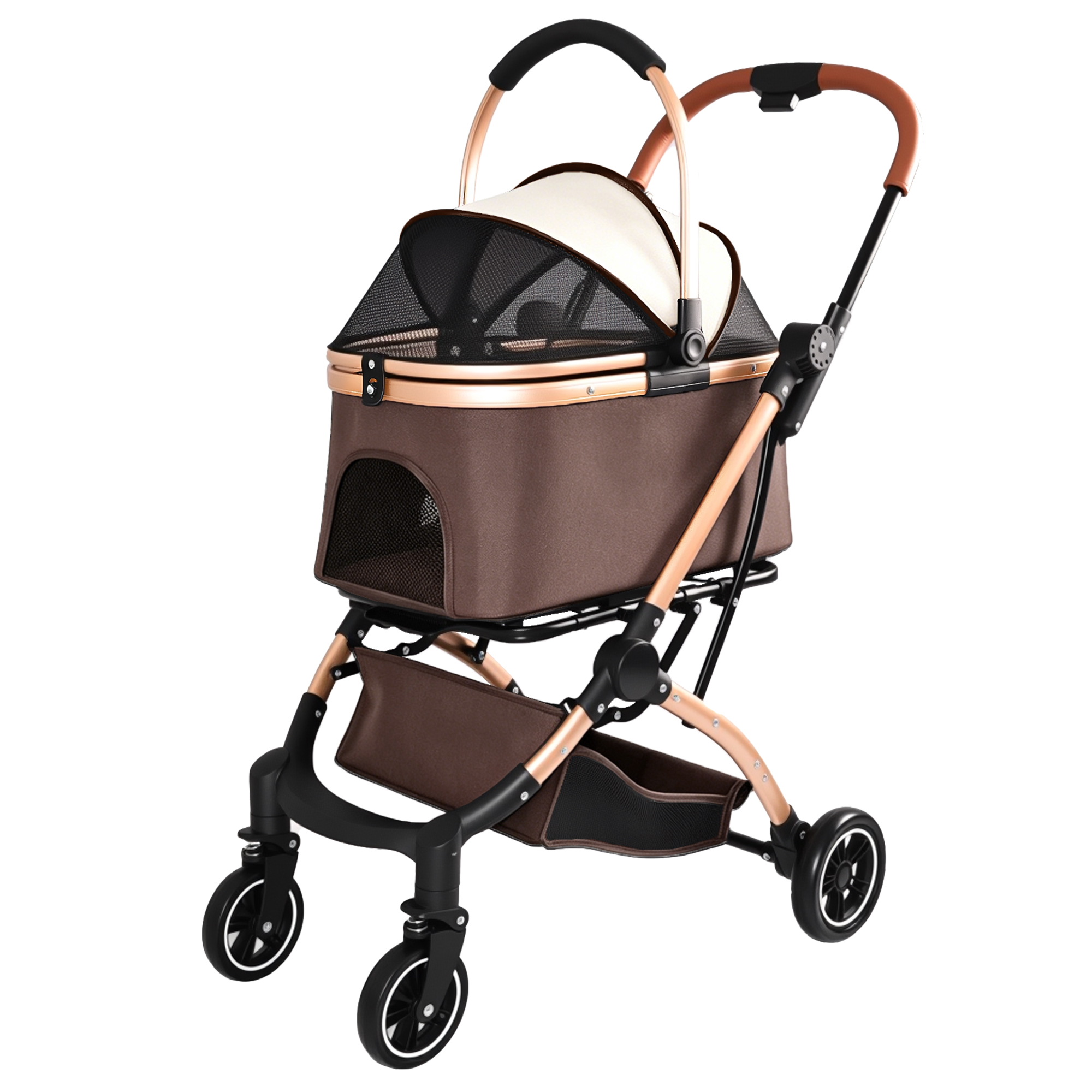 Muleta para Mascotas 2 en 1: Carruaje de 4 Ruedas Reversible con Canasta de Almacenamiento y Sombrilla Solar (Khaki + Oro) — imagen 20