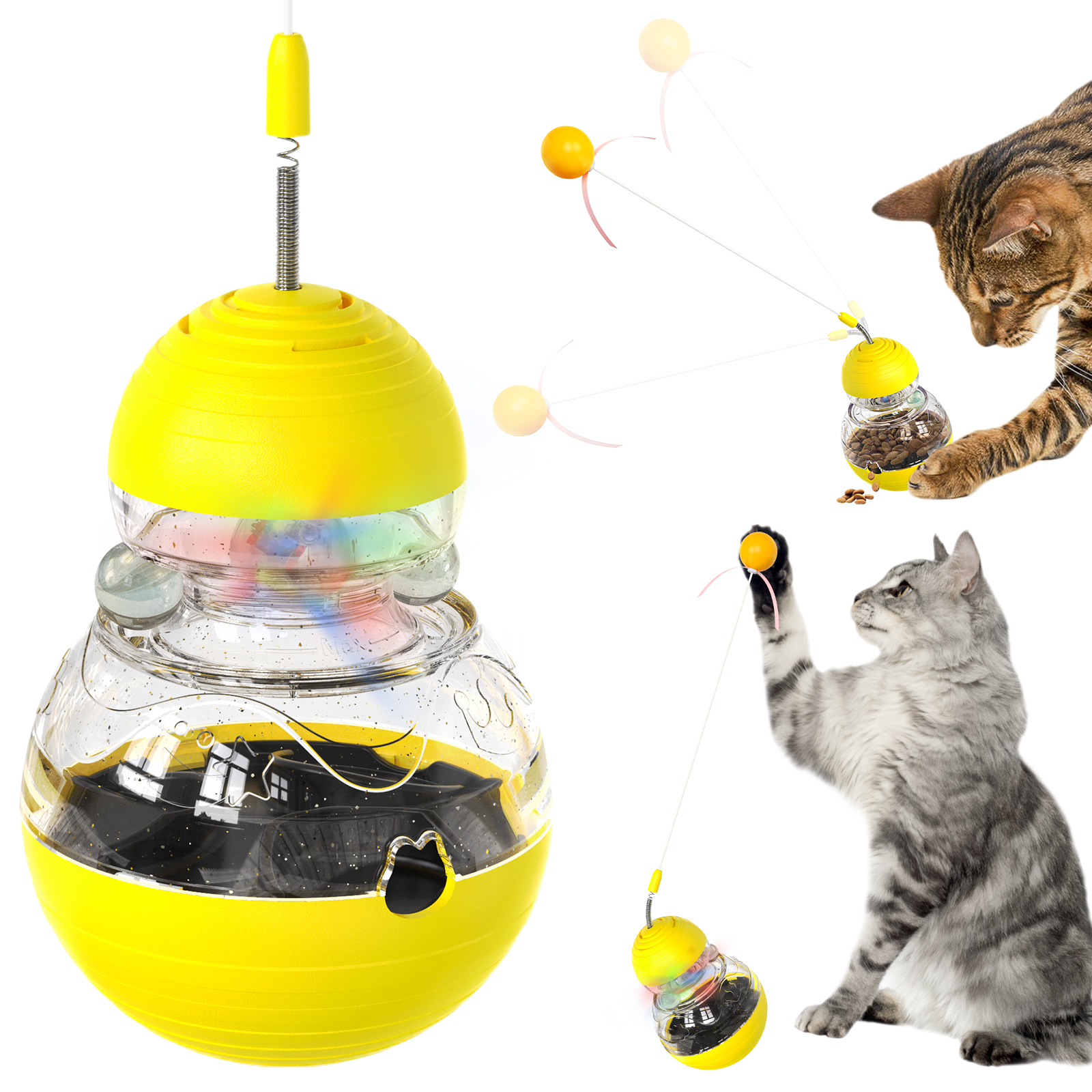The tumbler spins a cat teaser stick and emits a glowing cat toy food dispenser — image 1