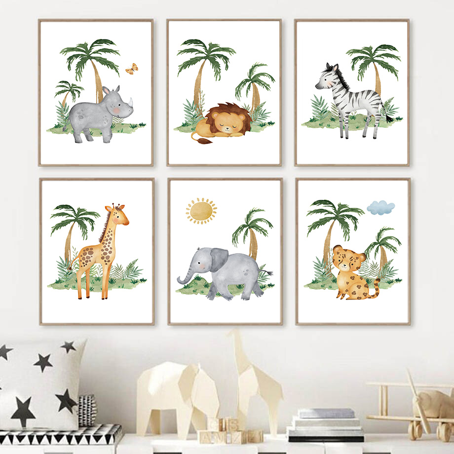 Naturaleza de Selva - Jardín de Animales de León, Elefante y Jirafa en Lienzo de Pared — imagen 2