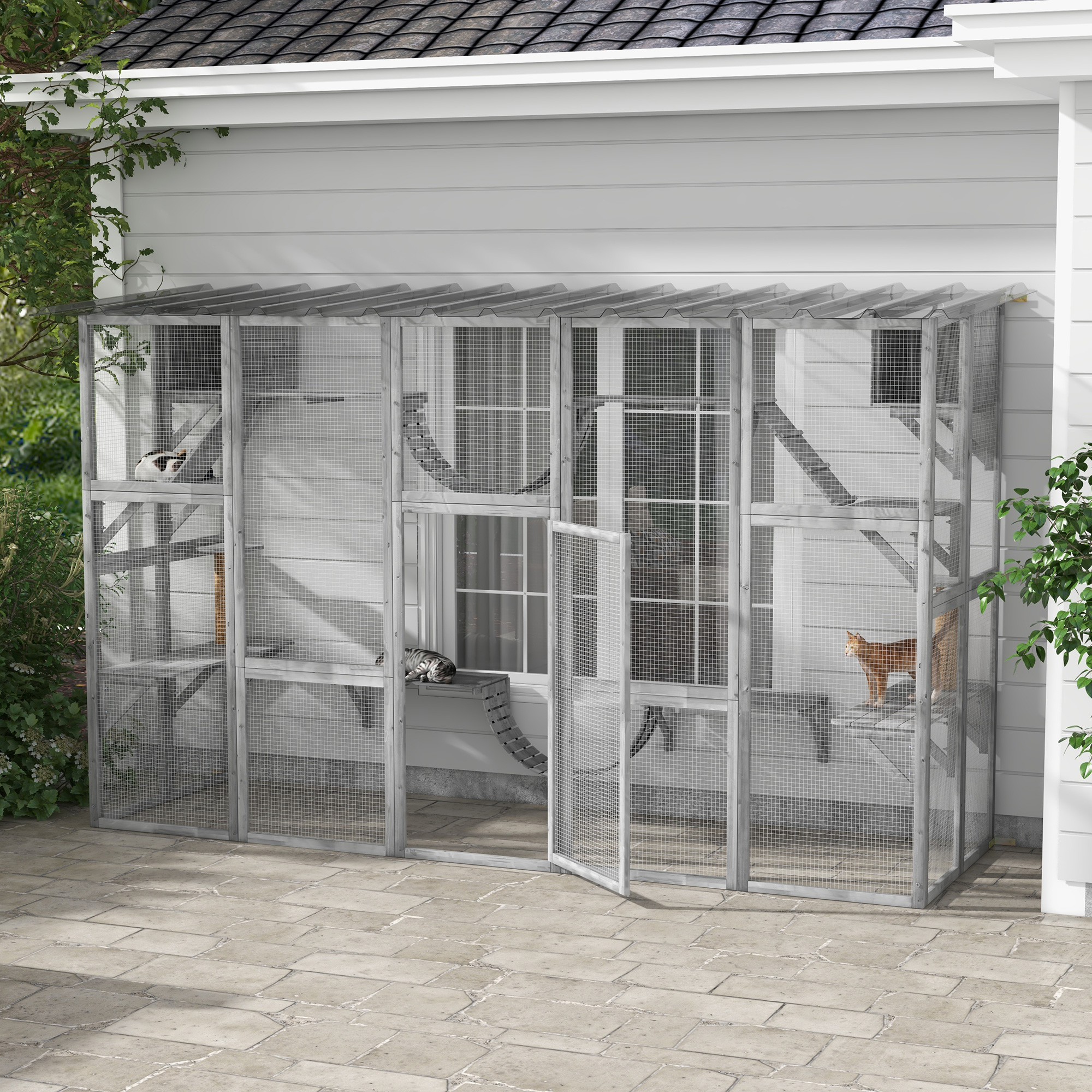 Catio Playground Cat Window Box Outside Enclosure for Multiple Cats w/ Shelves & Bridges, Gray — image 7