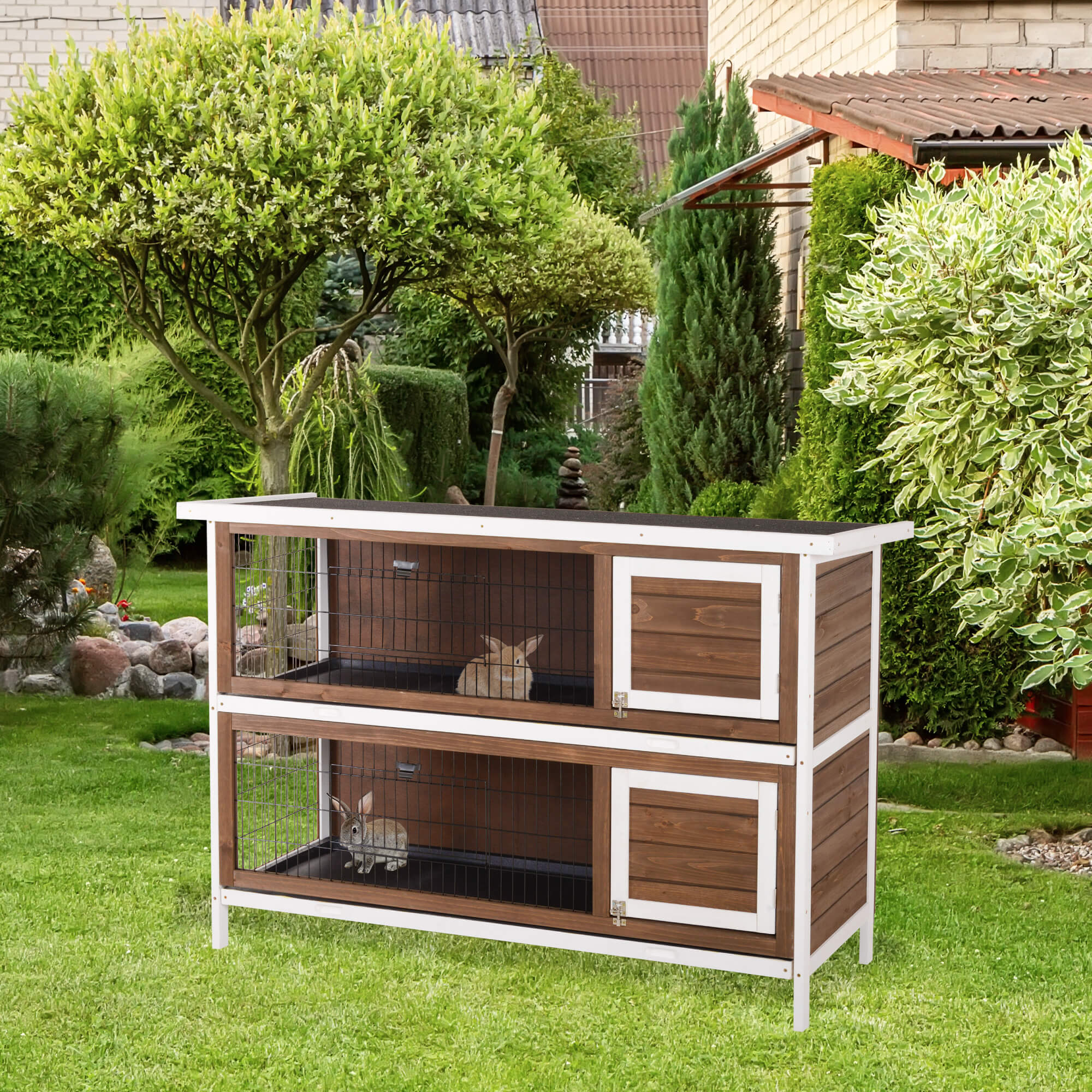 Casa para Conejos de Madera con Techos de Asfalto y Divisores para Animales Pequeños — imagen 1
