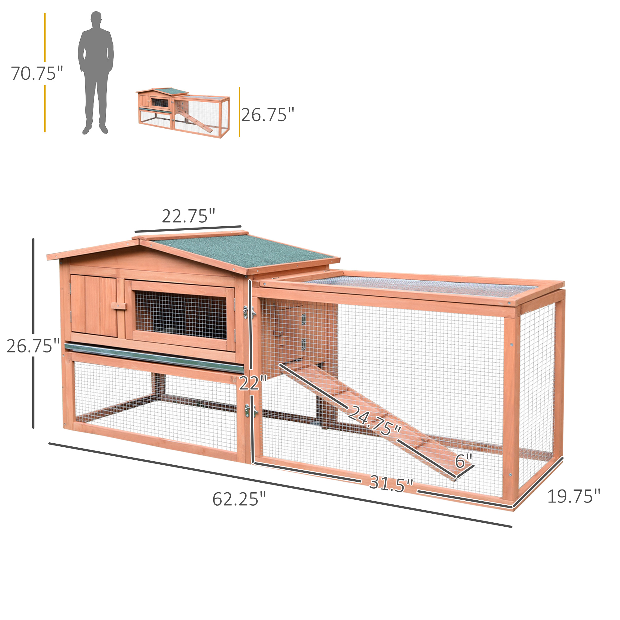 Rabbit Cage Outdoor, 62" Wooden Outdoor Rabbit Hutch, Small Animal Habitat With Detachable Run And Elevated Main House, Natural — imagen 2