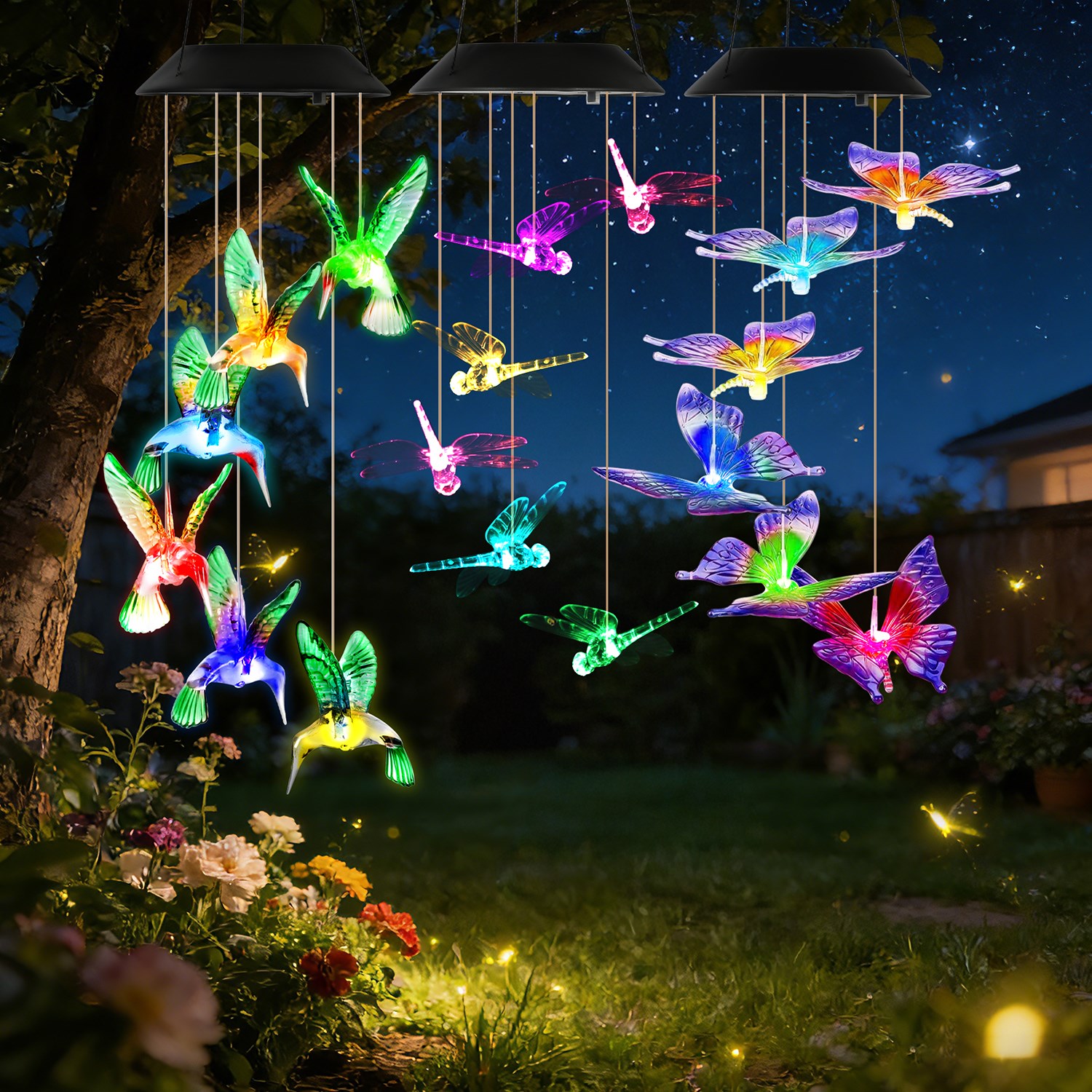 3Pack Solar Hummingbird Butterfly Dragonfly Wind Chimes 7 Color Changing Wind Chime For Outside IPX4 Waterproof Outdoor Garden Yard Decor — image 9